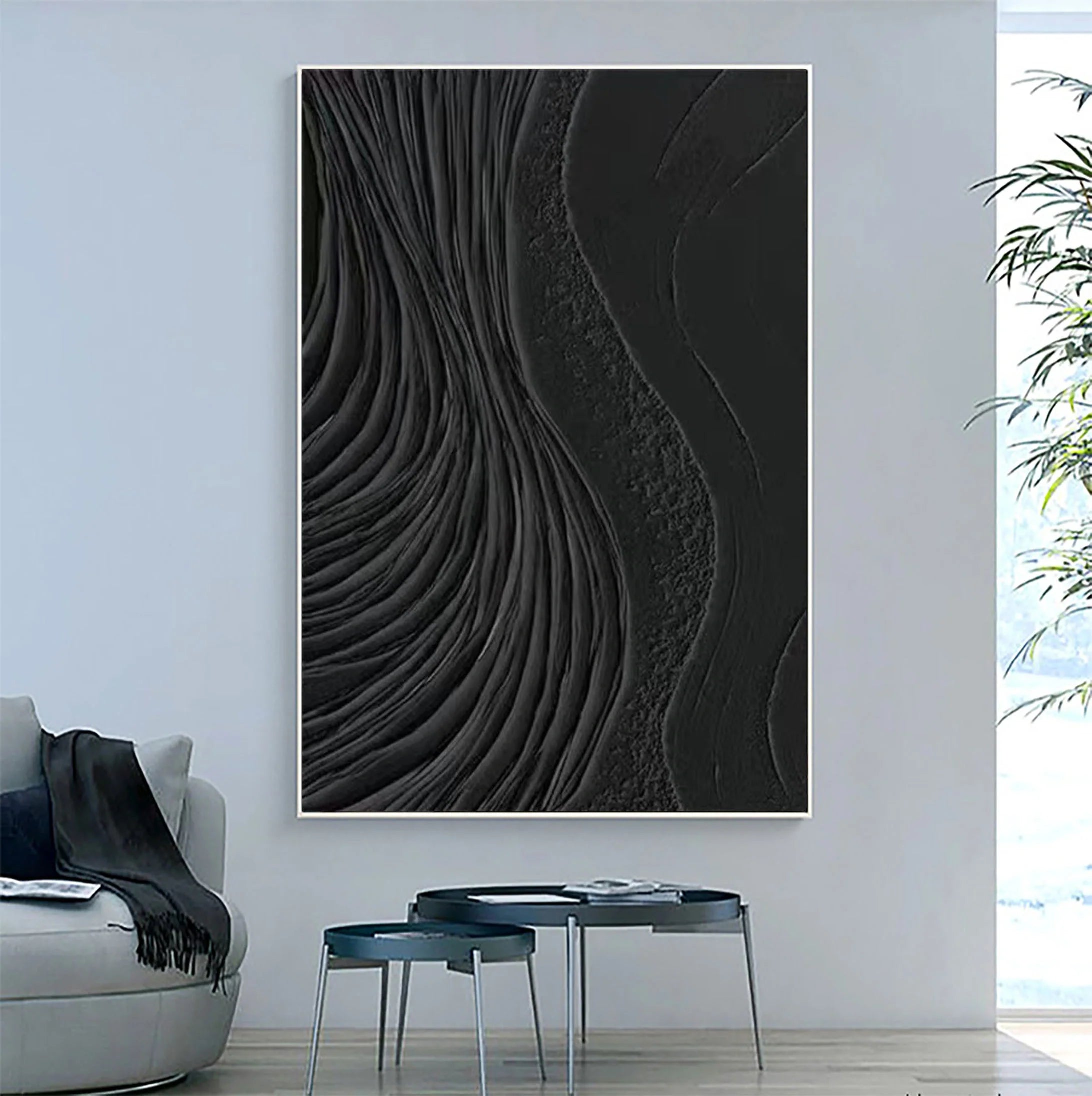 3D Textured Black Surf Minimalist Painting Modernism Wall Art For Living Room/Bedroom