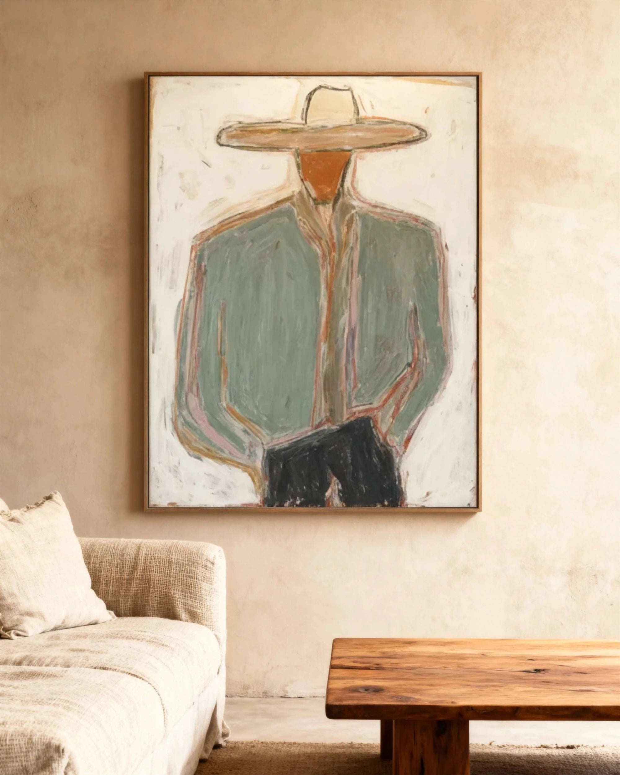 Abstract Cowboy Figure Oil Painting, Earthy Green Wall Art #AB140