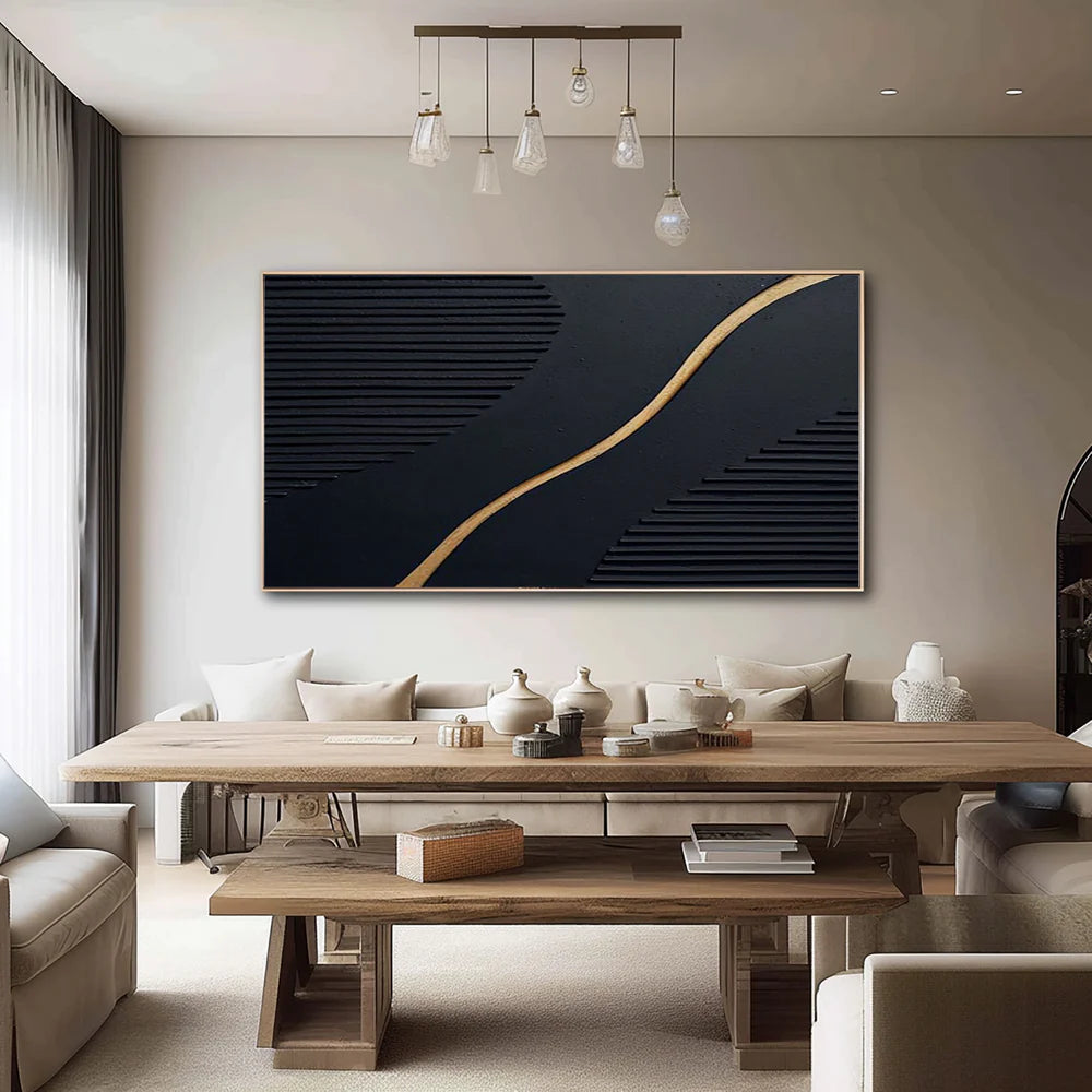 Minimalist Black Gold 3D Impasto Wall Art #JM91
