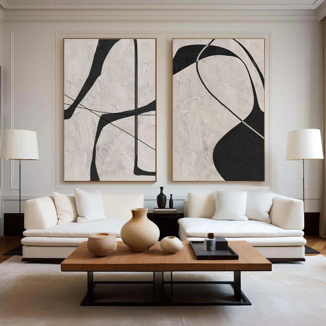 Beige & Black Abstract Textured Painting Set of 2 #WA110