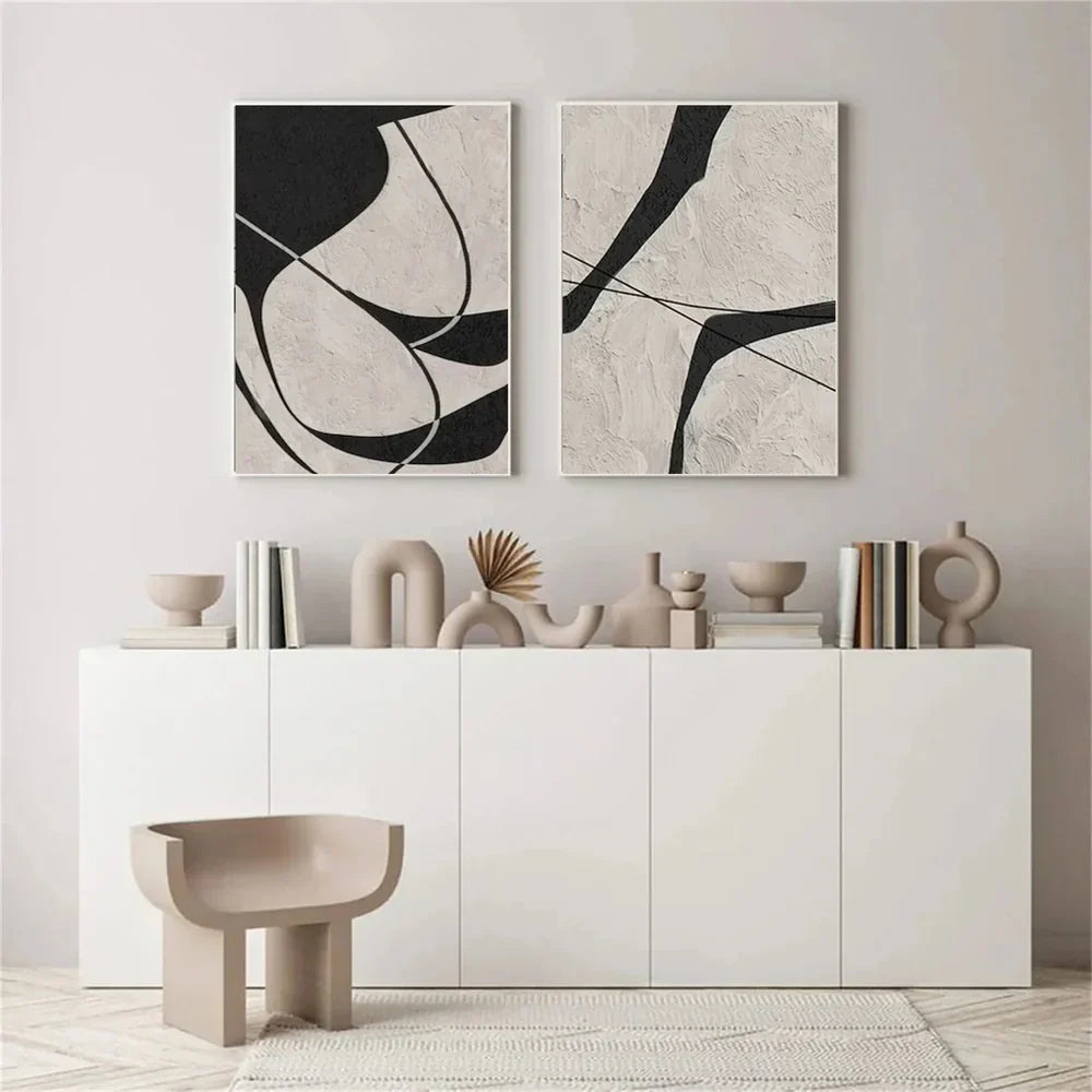 Beige & Black Abstract Textured Painting Set of 2 #WA325