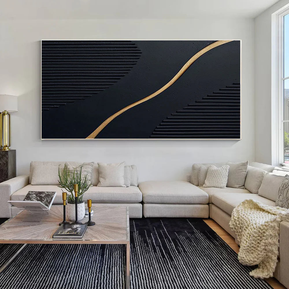 Minimalist Black Gold 3D Impasto Wall Art #JM91