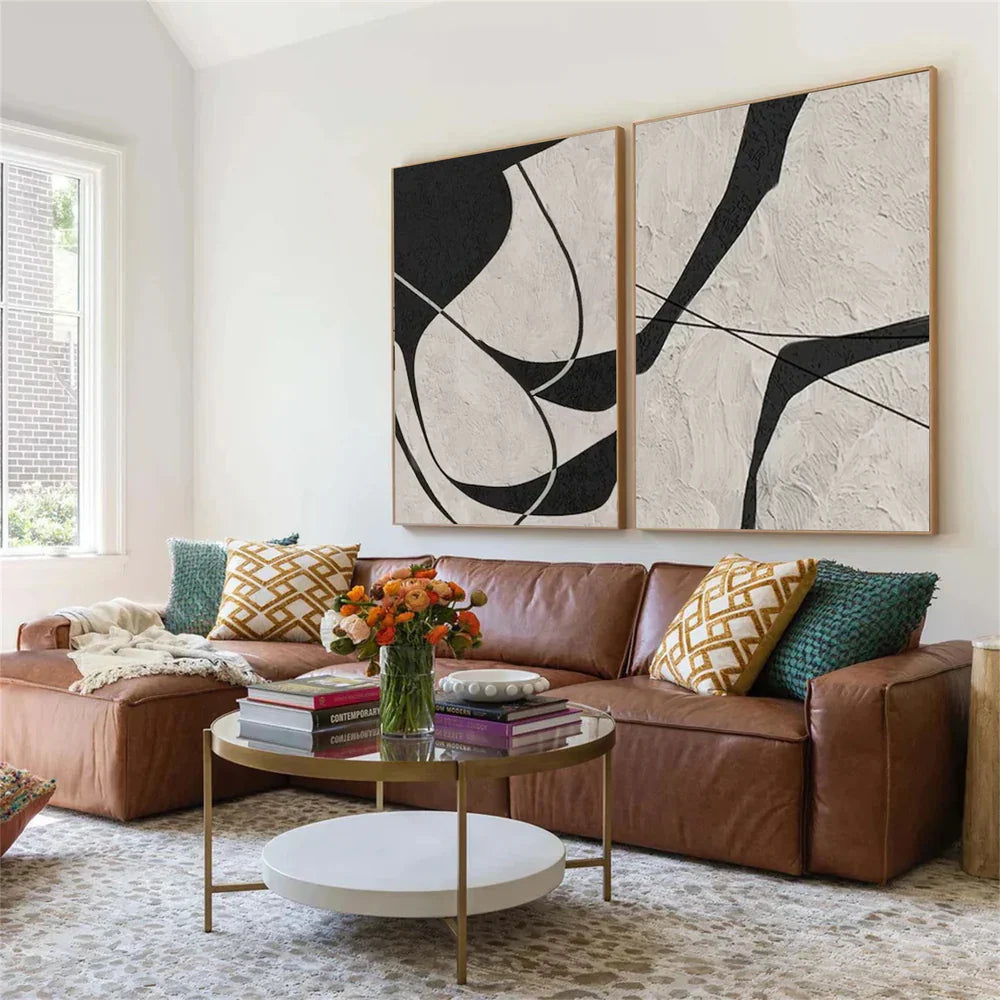 Beige & Black Abstract Textured Painting Set of 2 #WA325