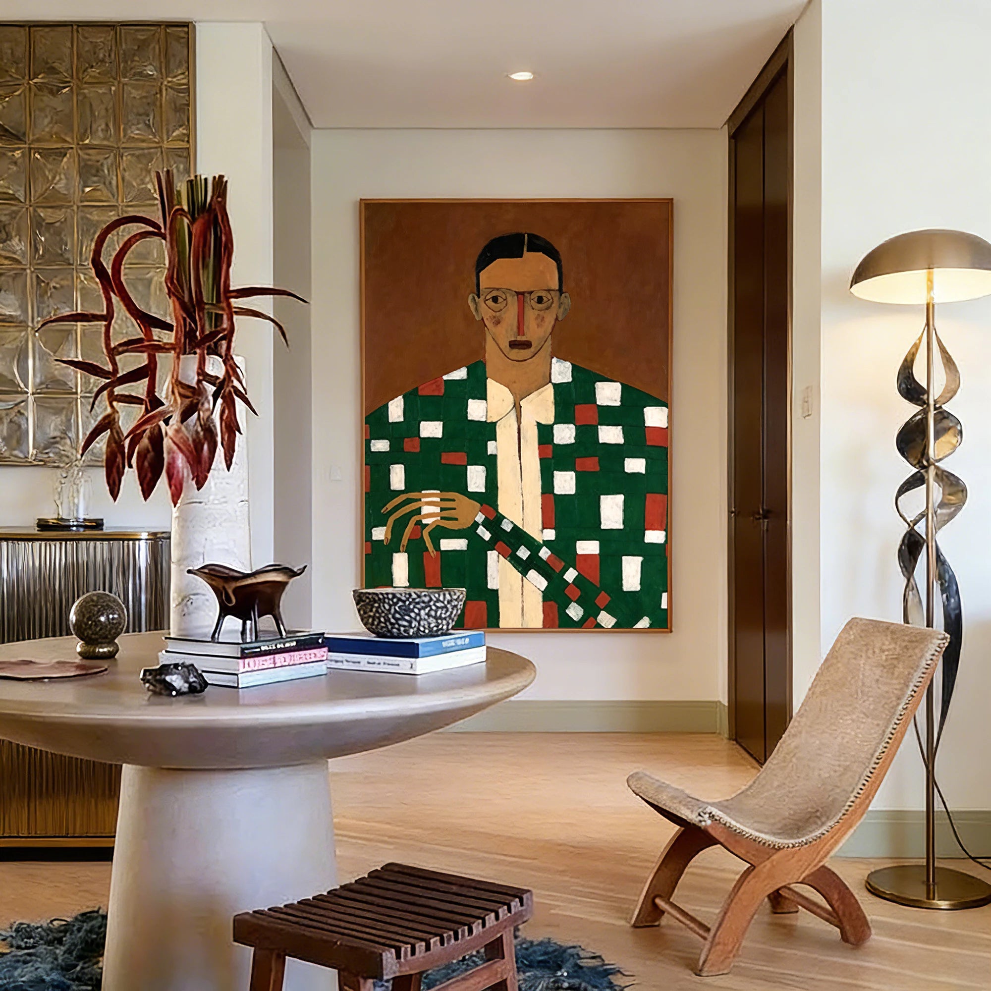 Retro Expressionist Plaid Figurative Oil Painting #AB287
