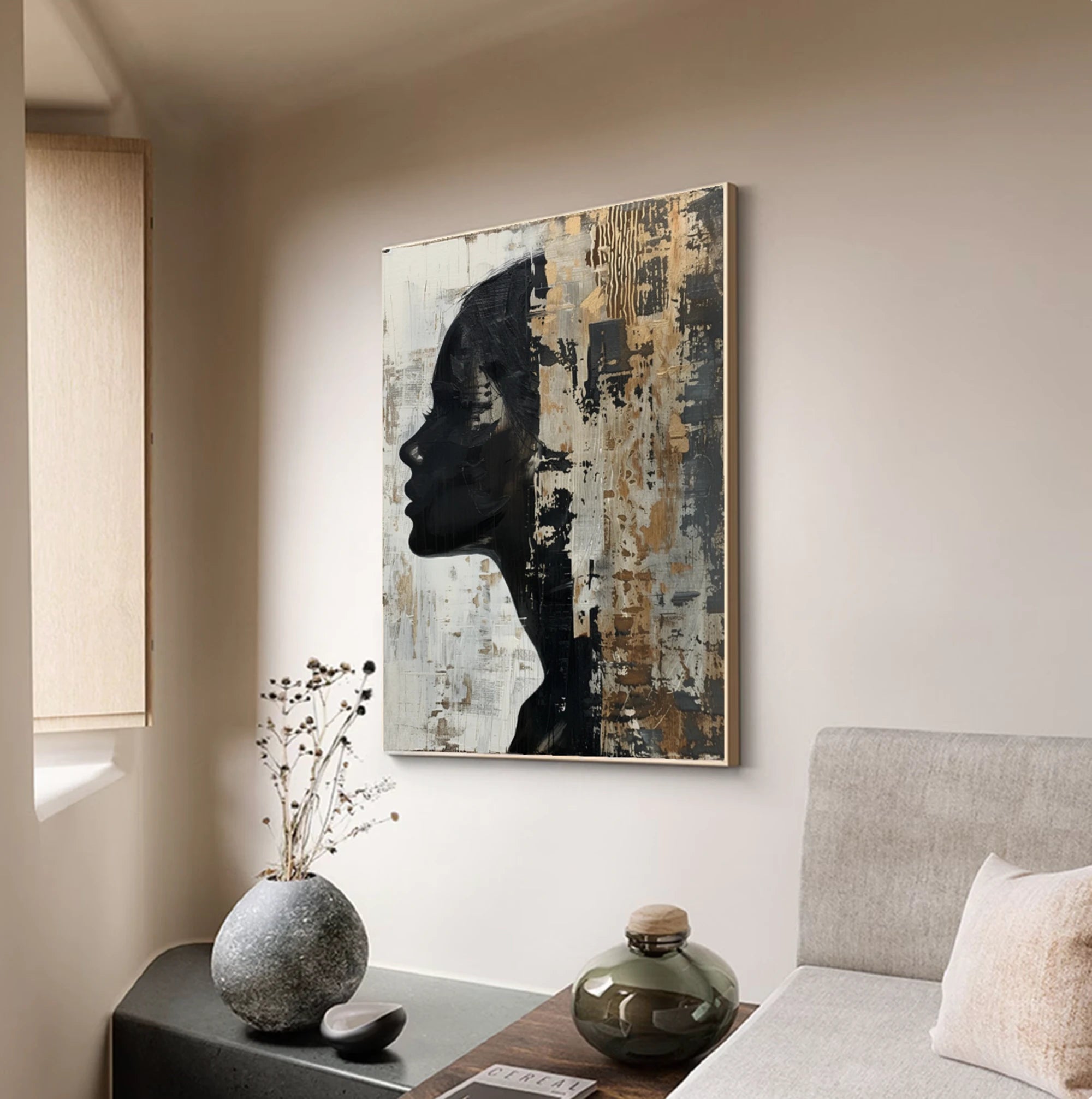 Hand-Painted Abstract Woman Silhouette Oil Painting, Black & Gold Textured Wall Art #WA513