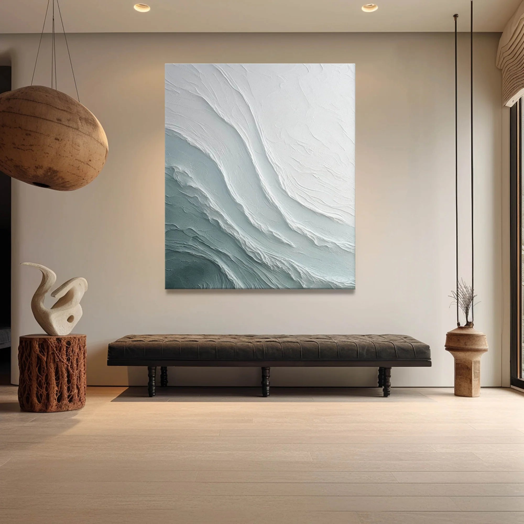 Teal & White Abstract Ocean Wave Textured Oil Painting #MD147