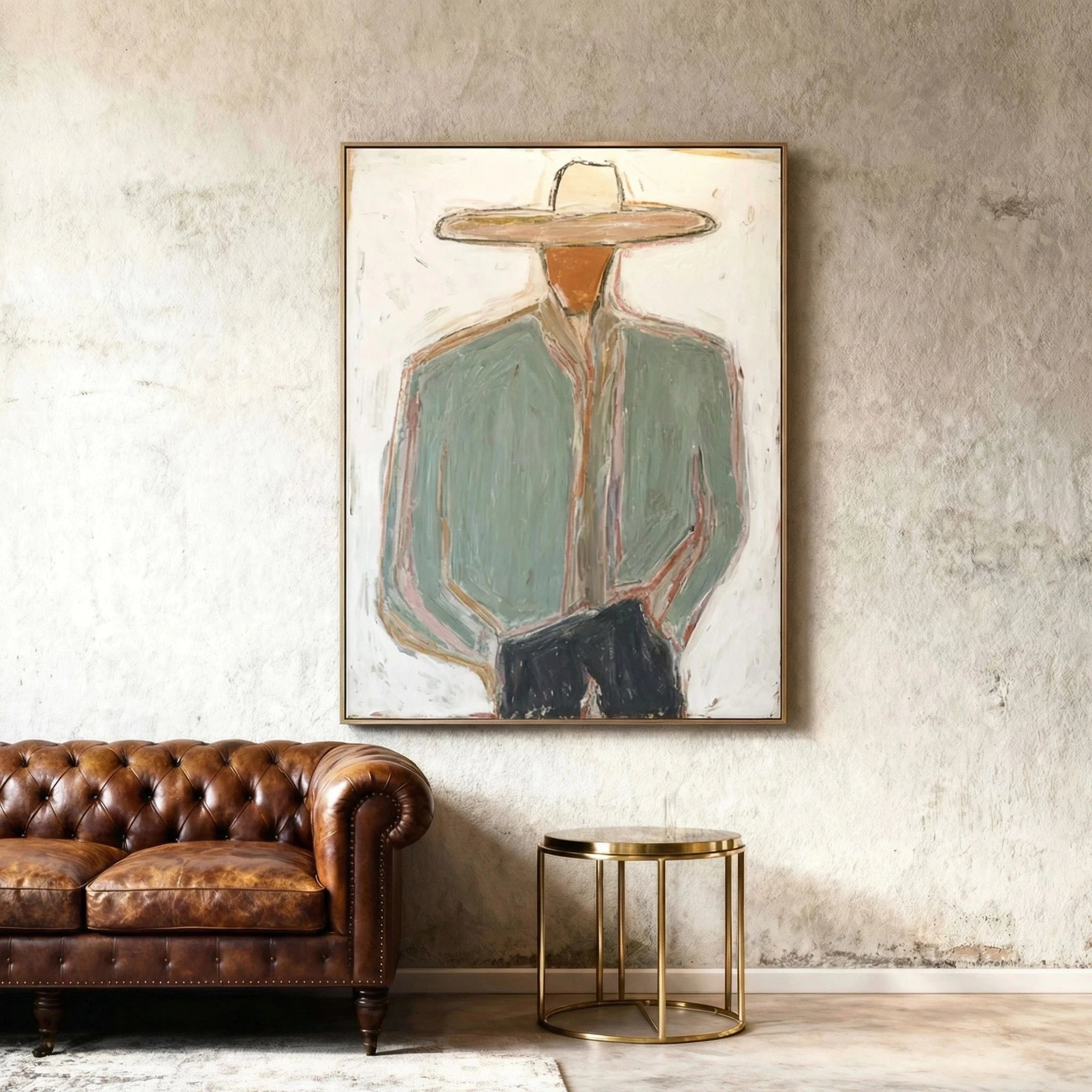 Abstract Cowboy Figure Oil Painting, Earthy Green Wall Art #AB140