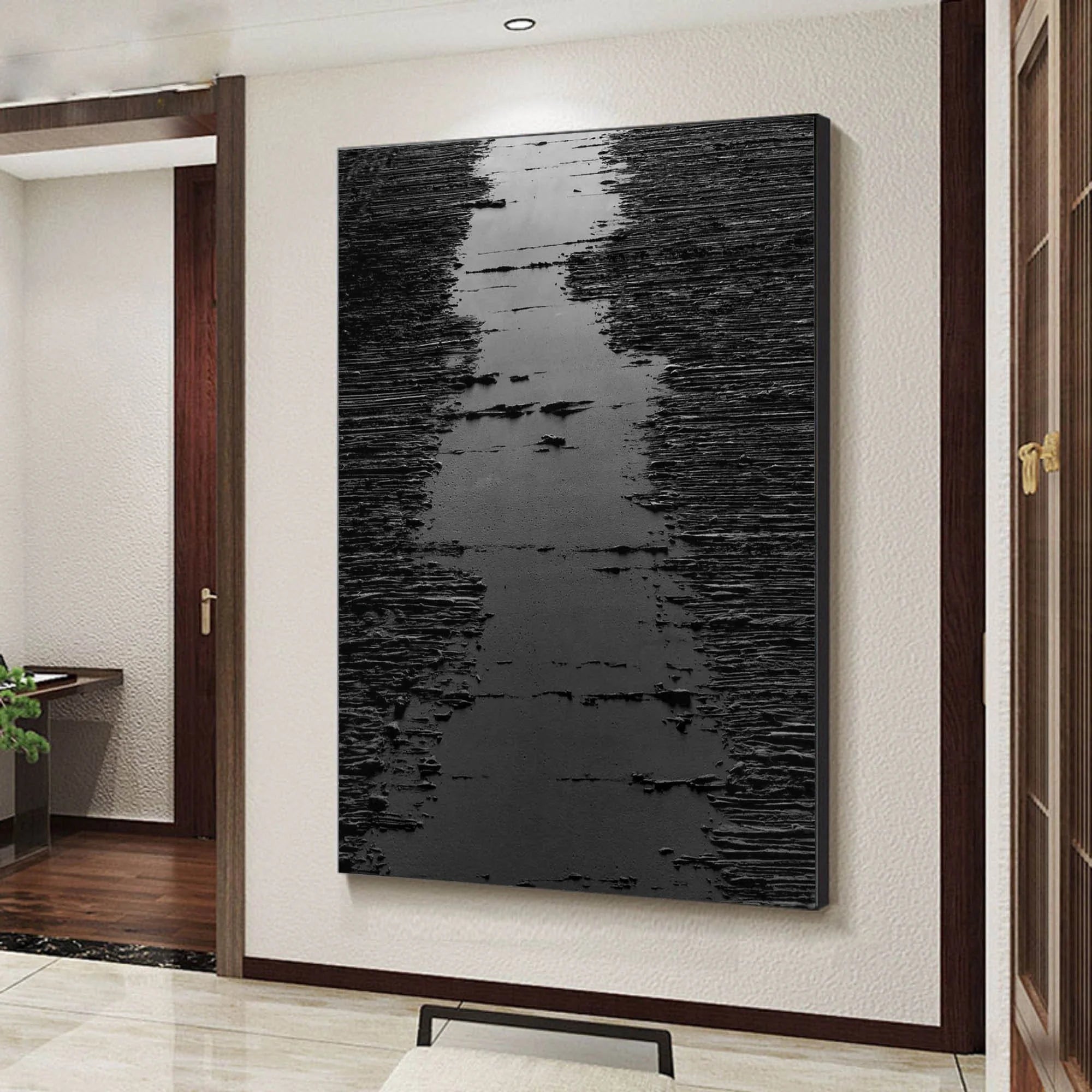 Black 3D Textured Minimalist River Canvas Wall Artwork Decor for Room