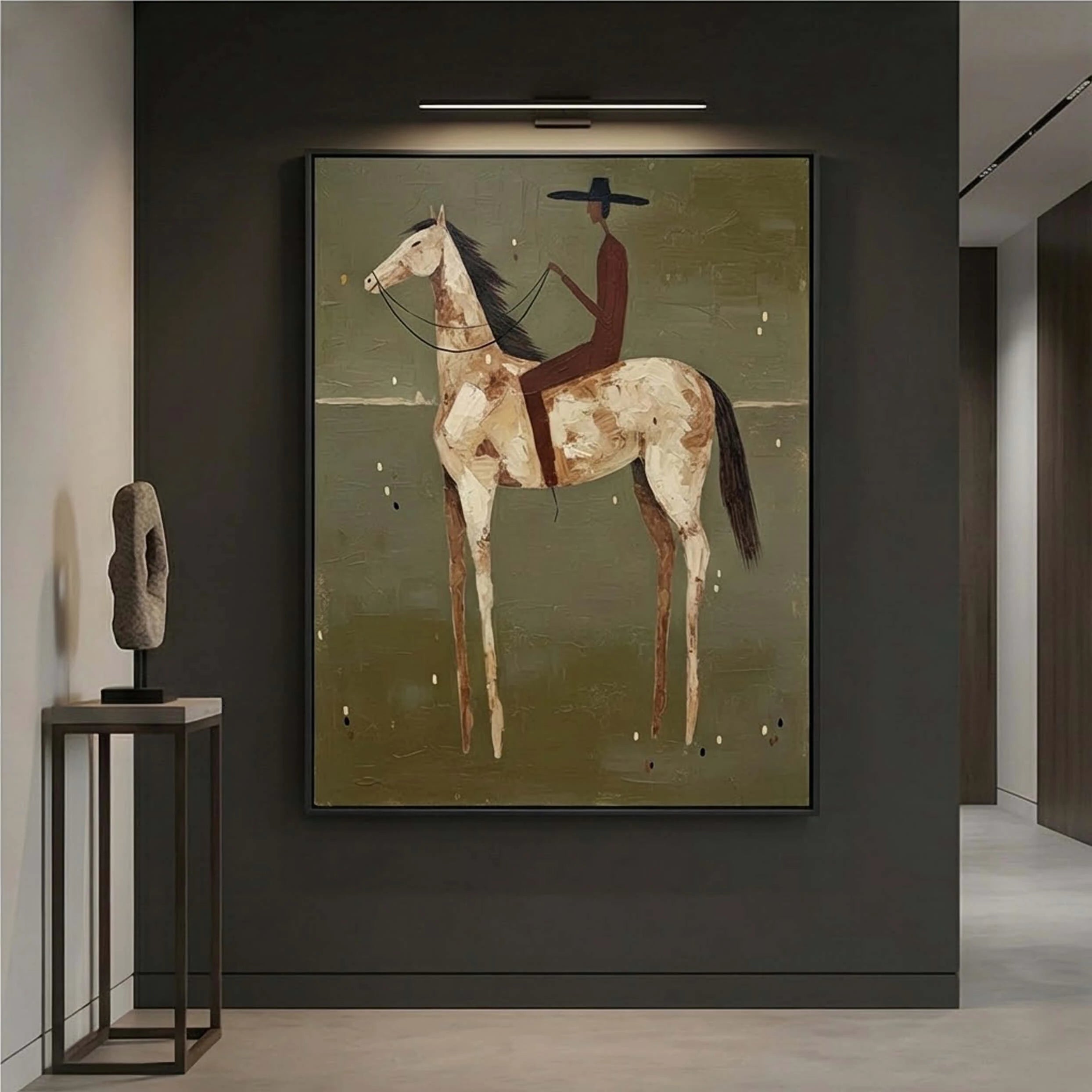Hand-painted Abstract Cowboy on Horse Oil Painting, Neutral Western Wall Art #AB141