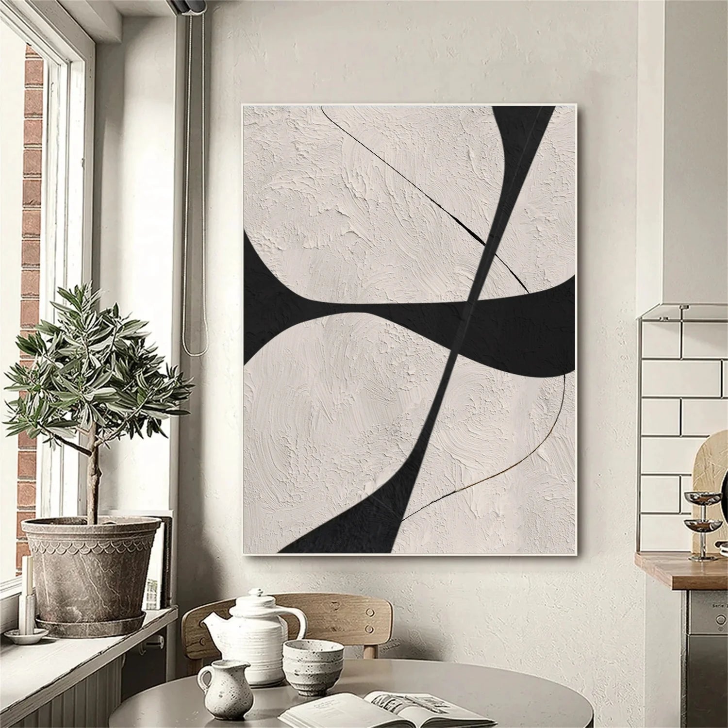 Beige & Black Abstract Textured Canvas Art #WA782