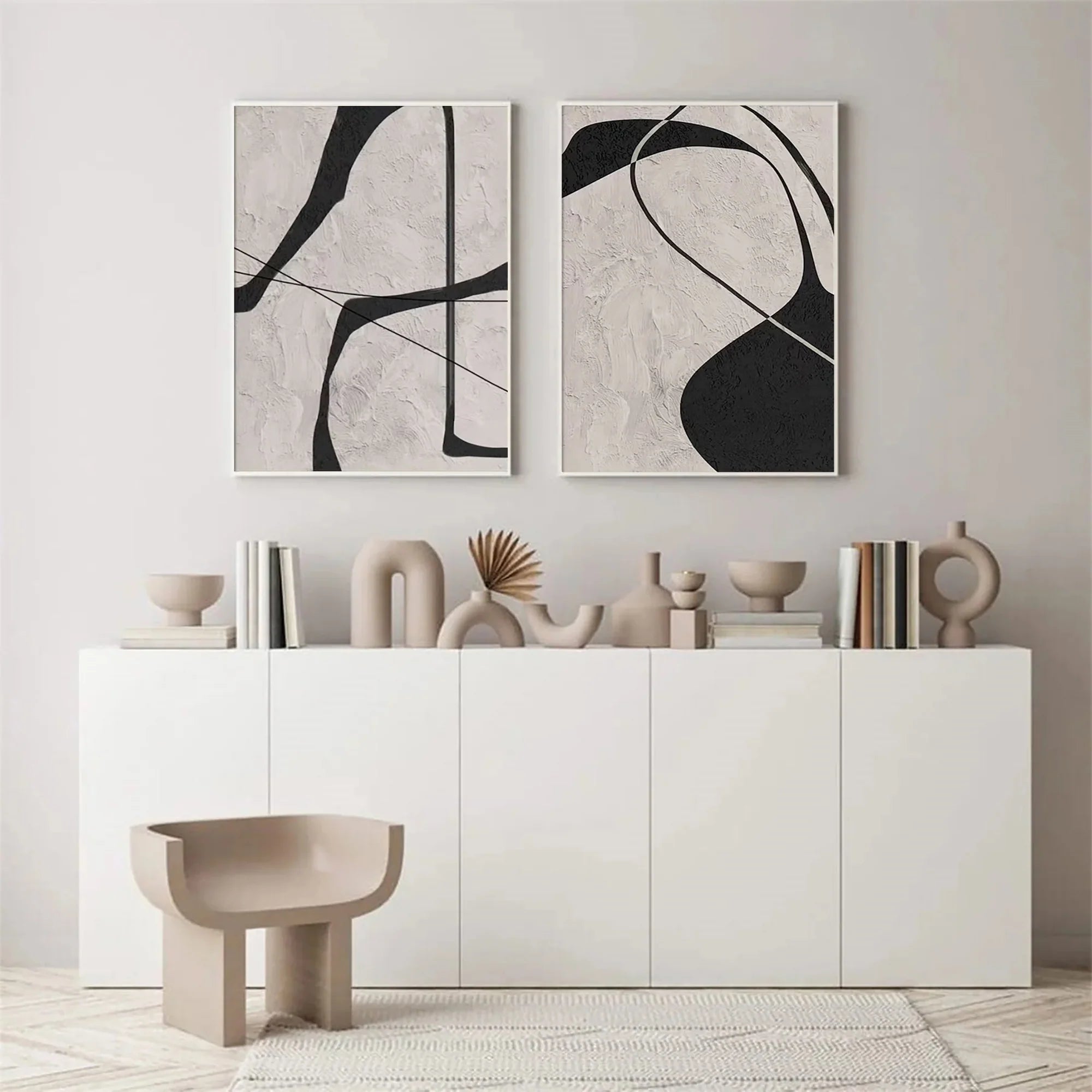 Beige & Black Abstract Textured Painting Set of 2 #WA110