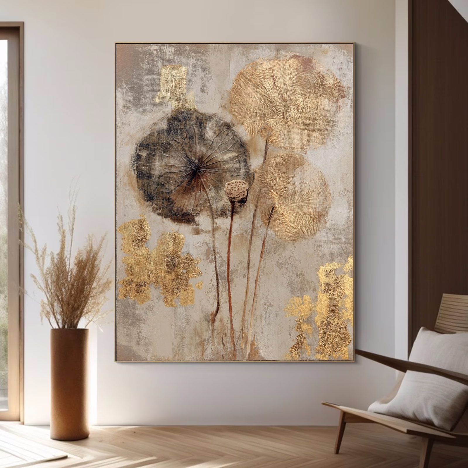 Gold Leaf Lotus Impasto Wall Art #FT155