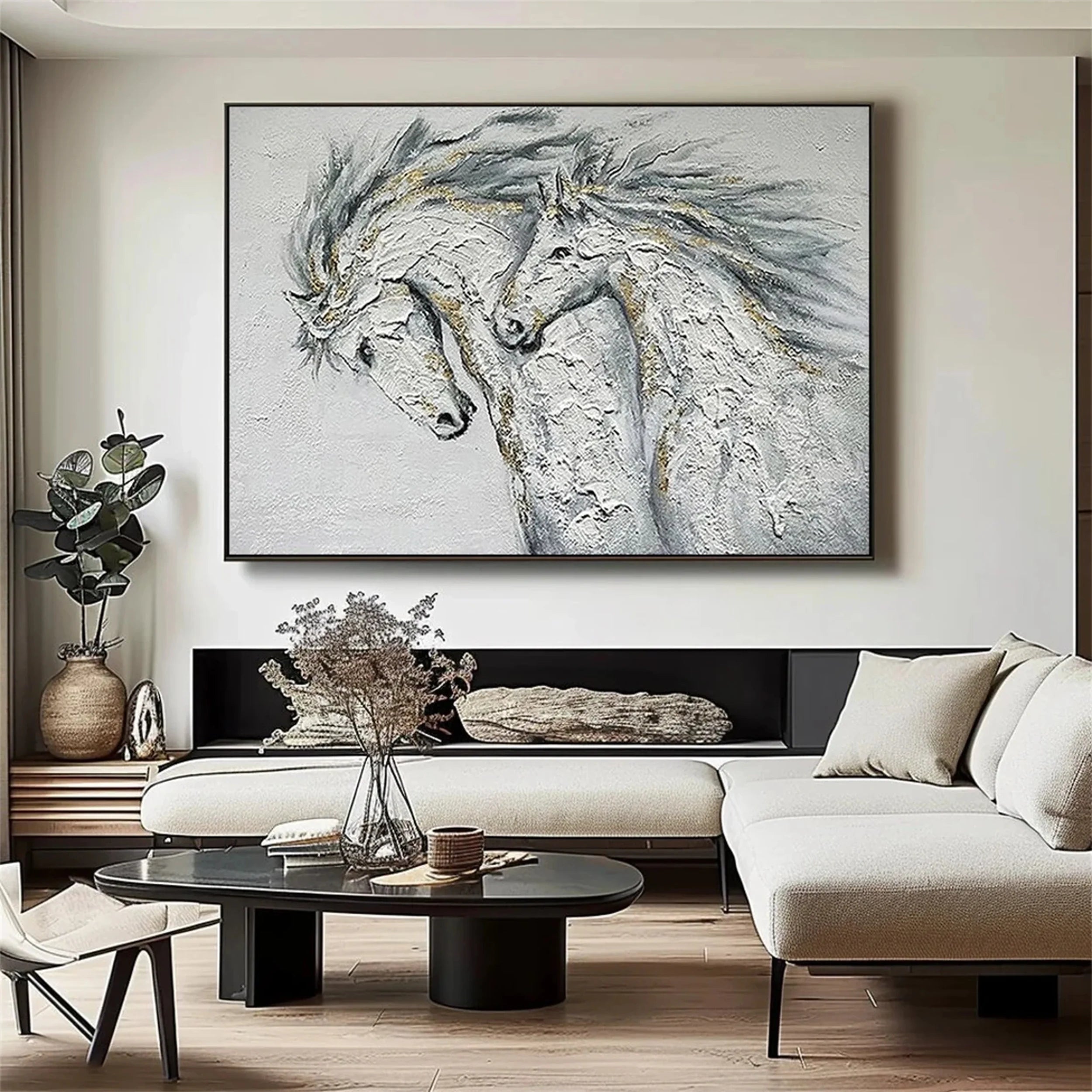 White and Black Horse Abstract Animal Wall Art #AM047