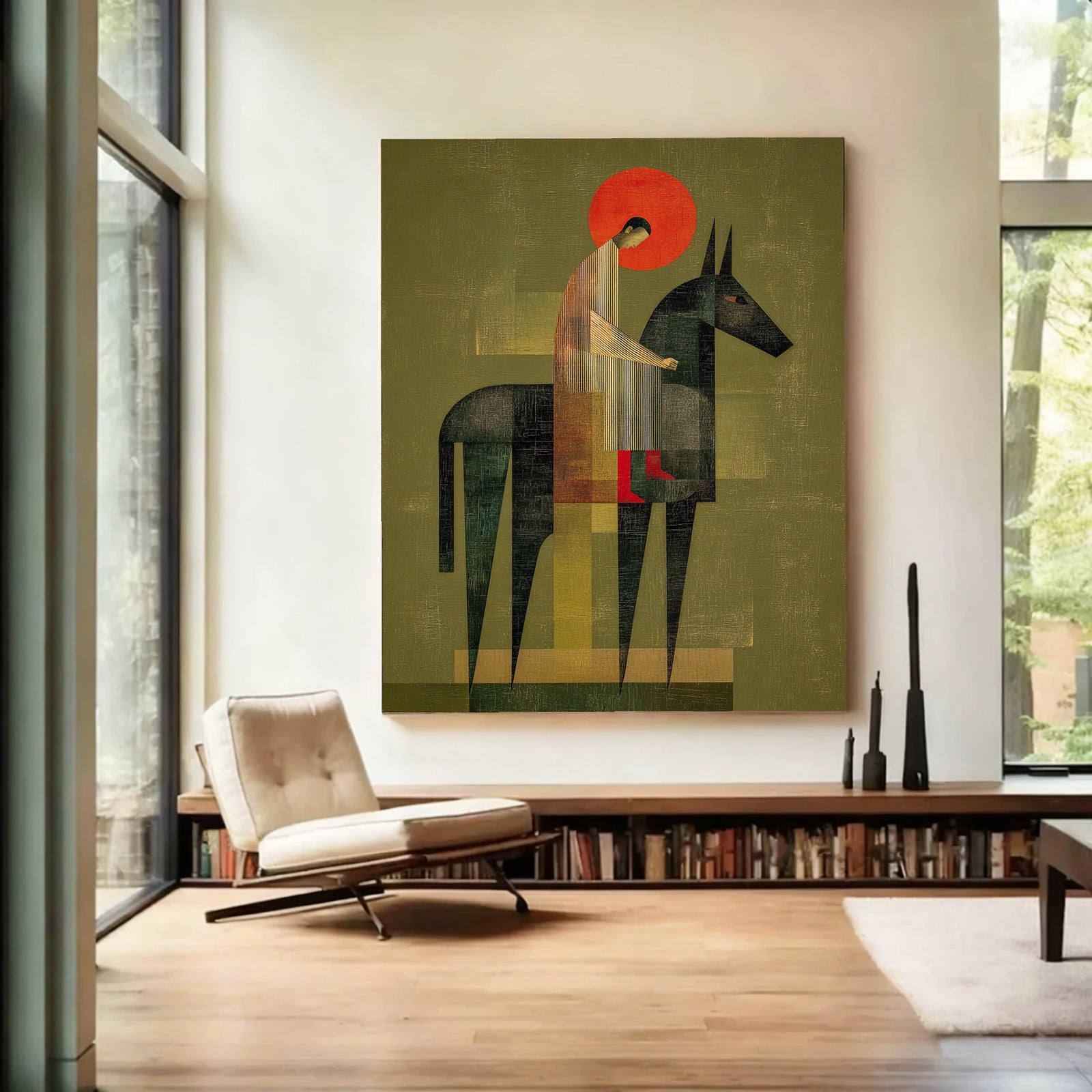 Abstract Horse Rider Painting | Earthy Green Wall Art #WA532