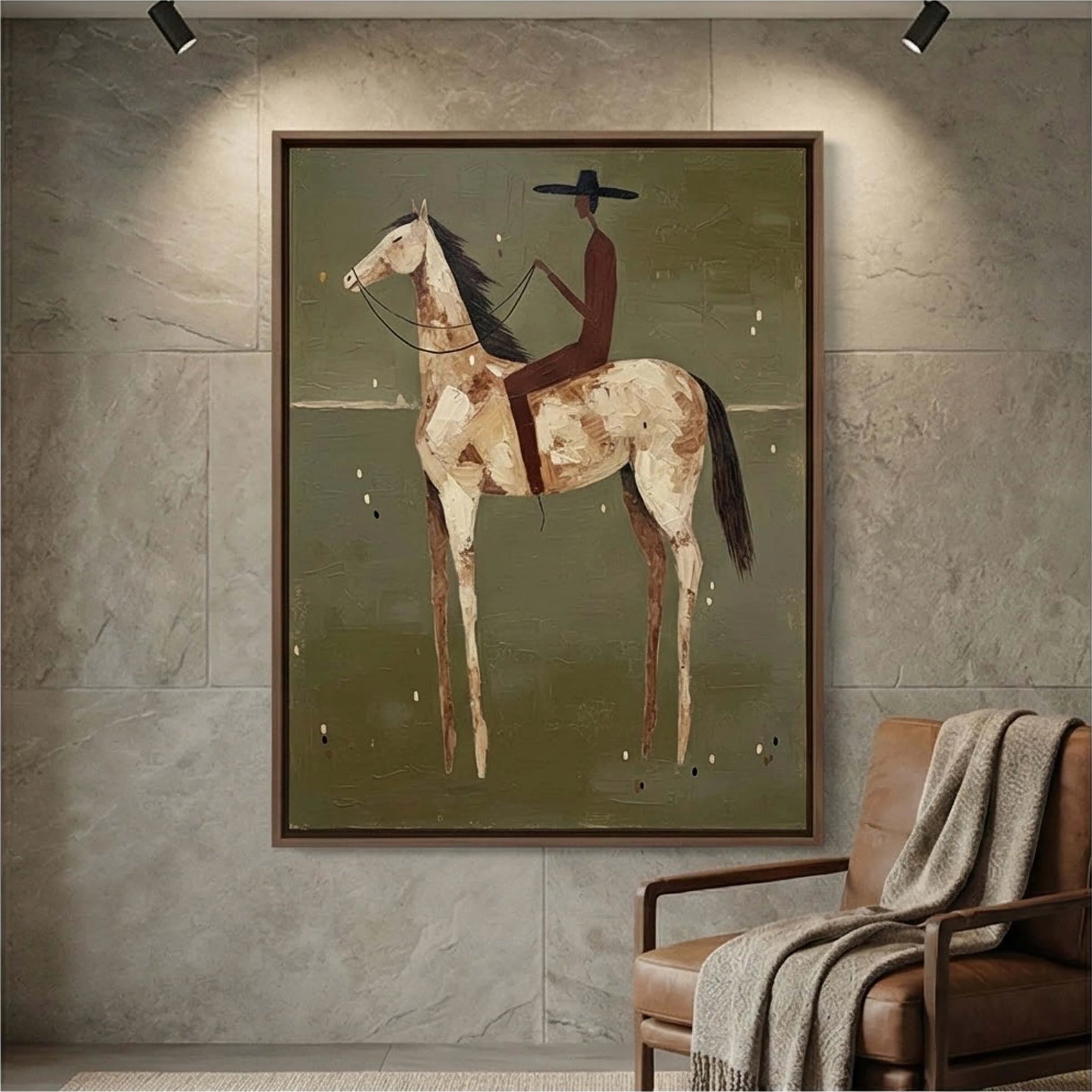 Hand-painted Abstract Cowboy on Horse Oil Painting, Neutral Western Wall Art #AB141