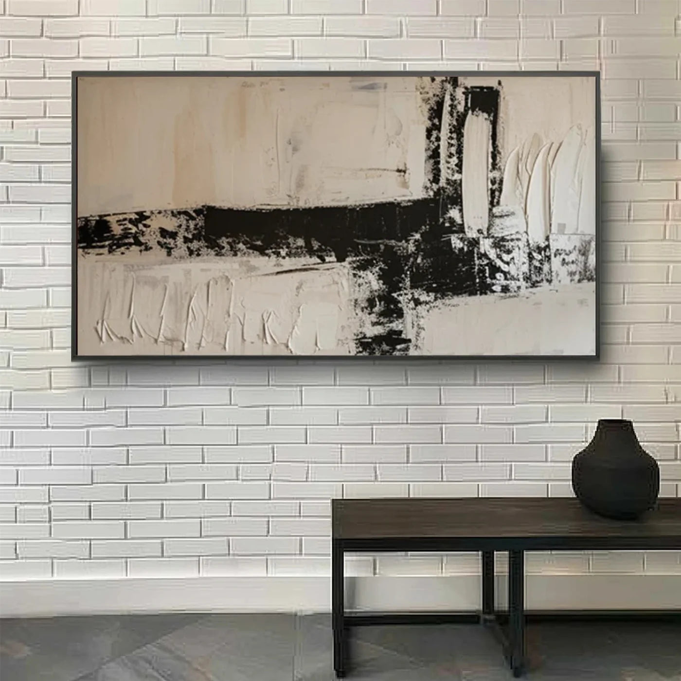 Contemporary Wabi-Sabi Beige and Black Abstract Oil Painting#JM96