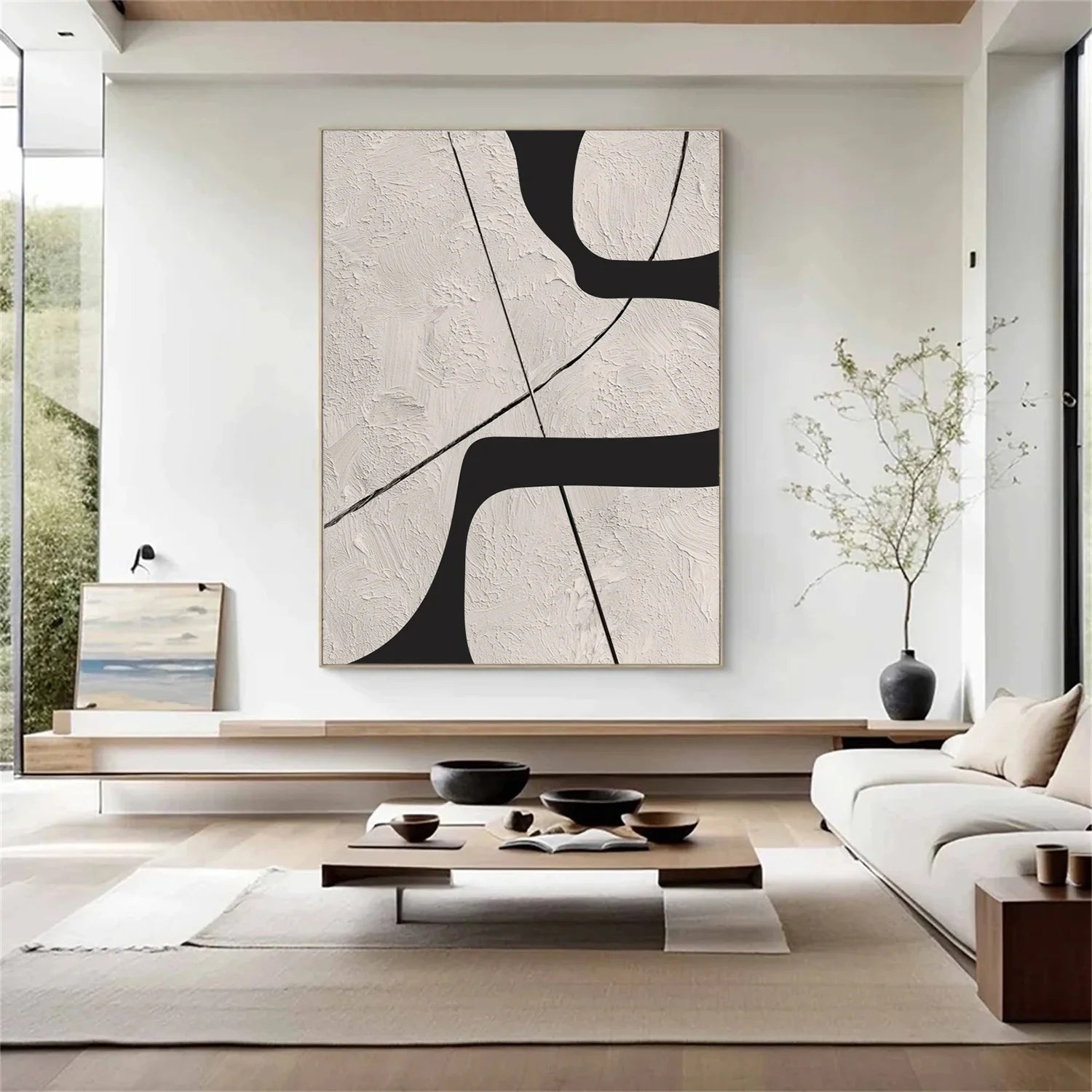 Beige & Black Abstract Textured Canvas Art #WA784