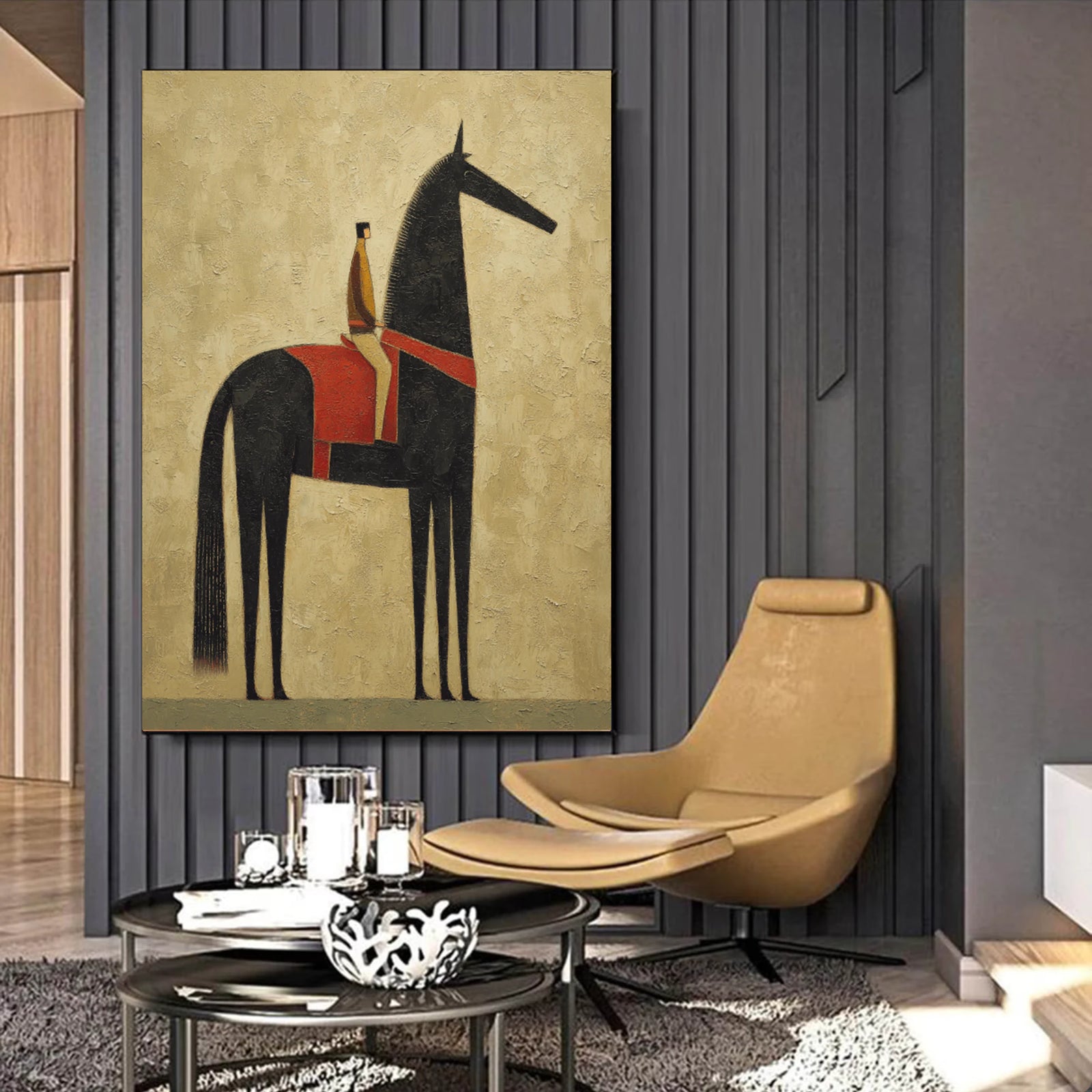 Original Abstract Horse & Rider Oil Painting, Neutral Beige Wall Art #WA526