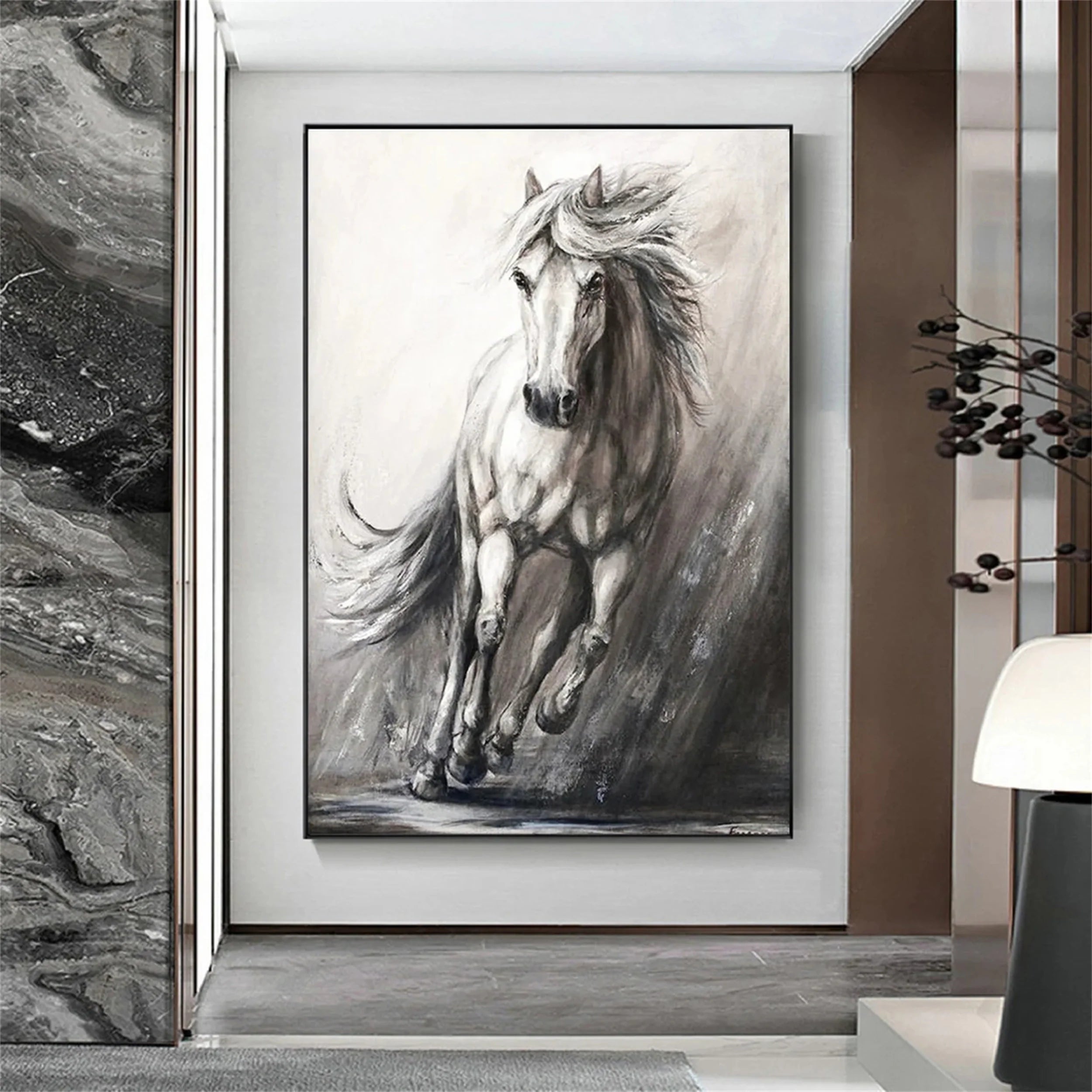 White And Black Horse Abstract Animal Wall Art #AM048