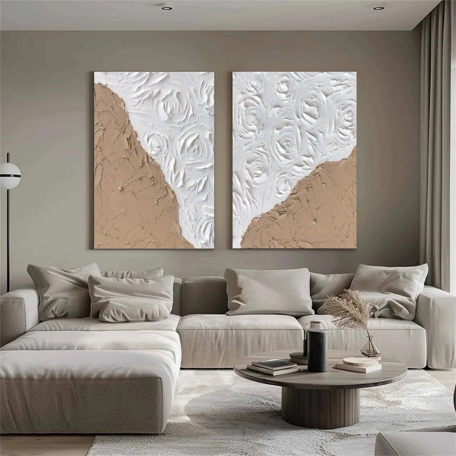 White and Brown Minimalist Textured Art Set of 2 #MD236