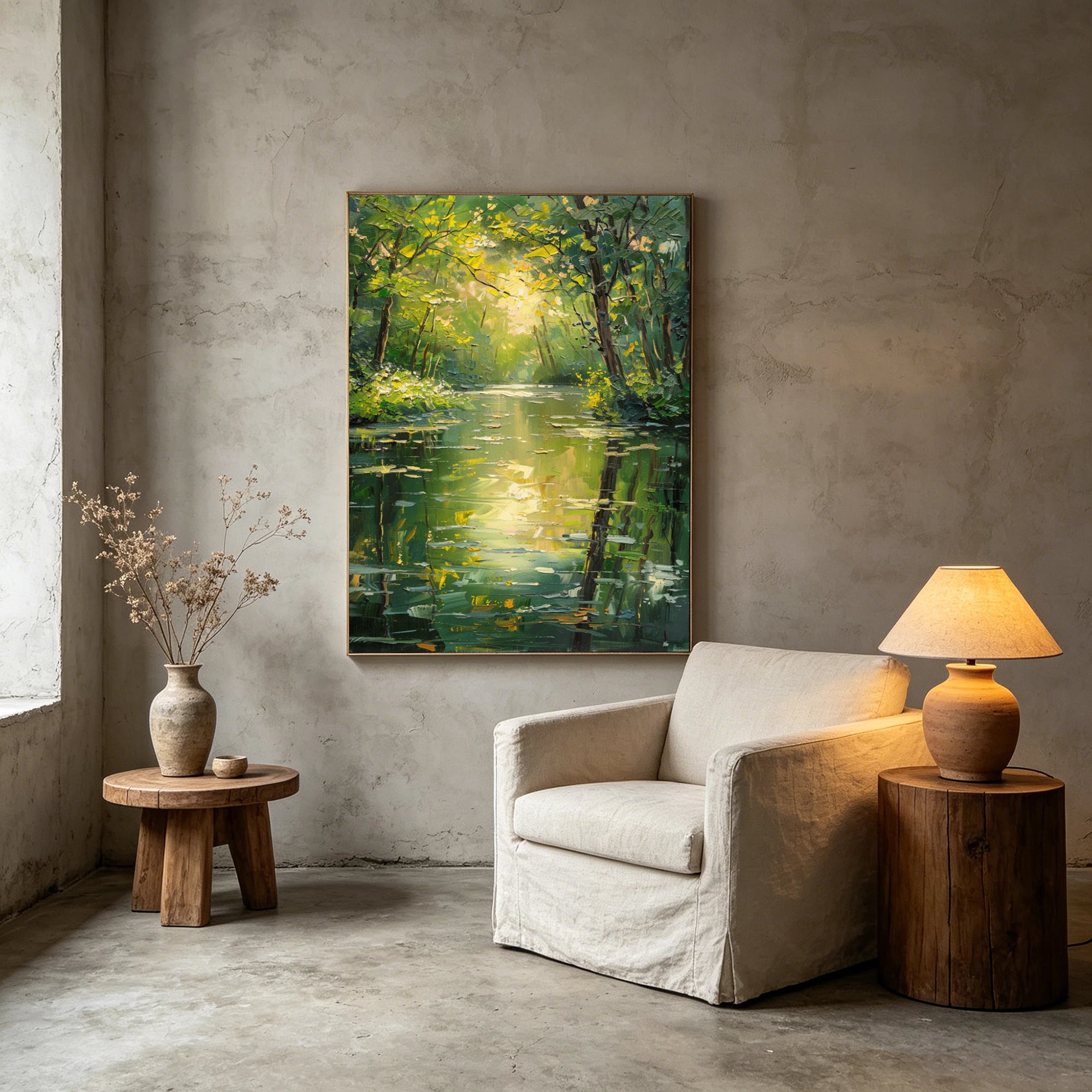 Hand-Painted Green Forest River Oil Painting #FJ597