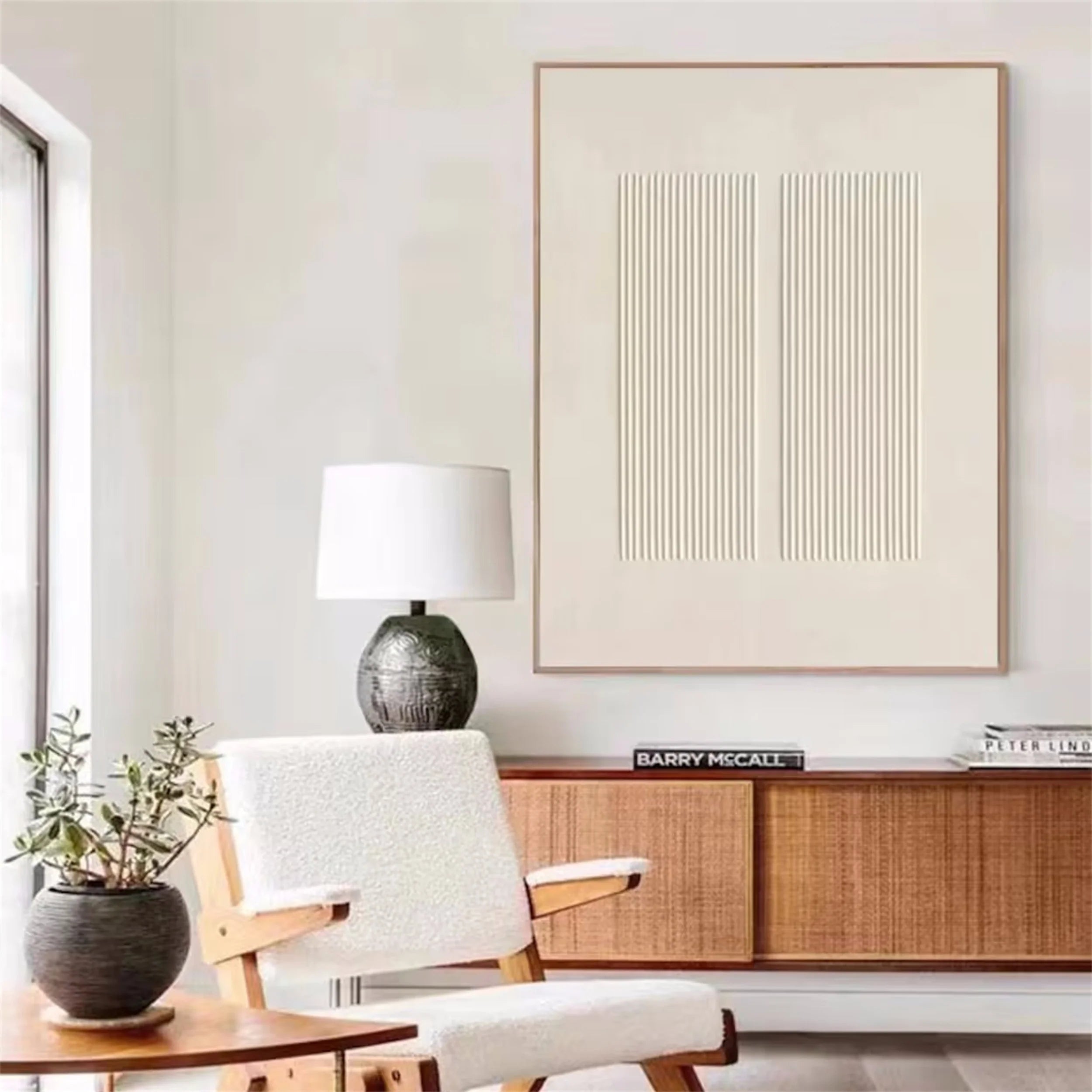 Hand-Painted Landscape Beige Plaster Art Framed Canvas Painting, Abstract Minimalist for Living Room