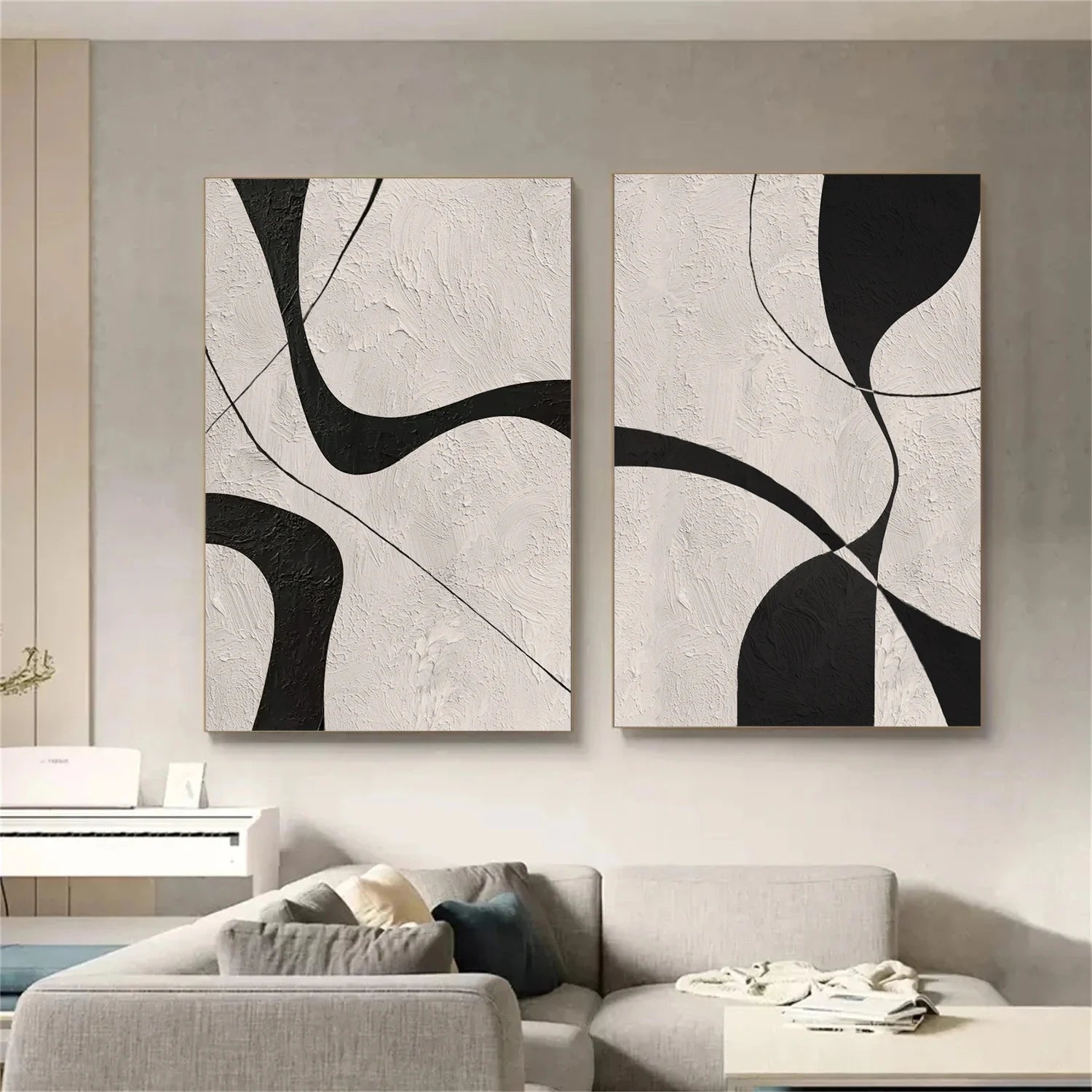 Beige & Black Abstract_Textured Canvas Art Set of 2 #WA780