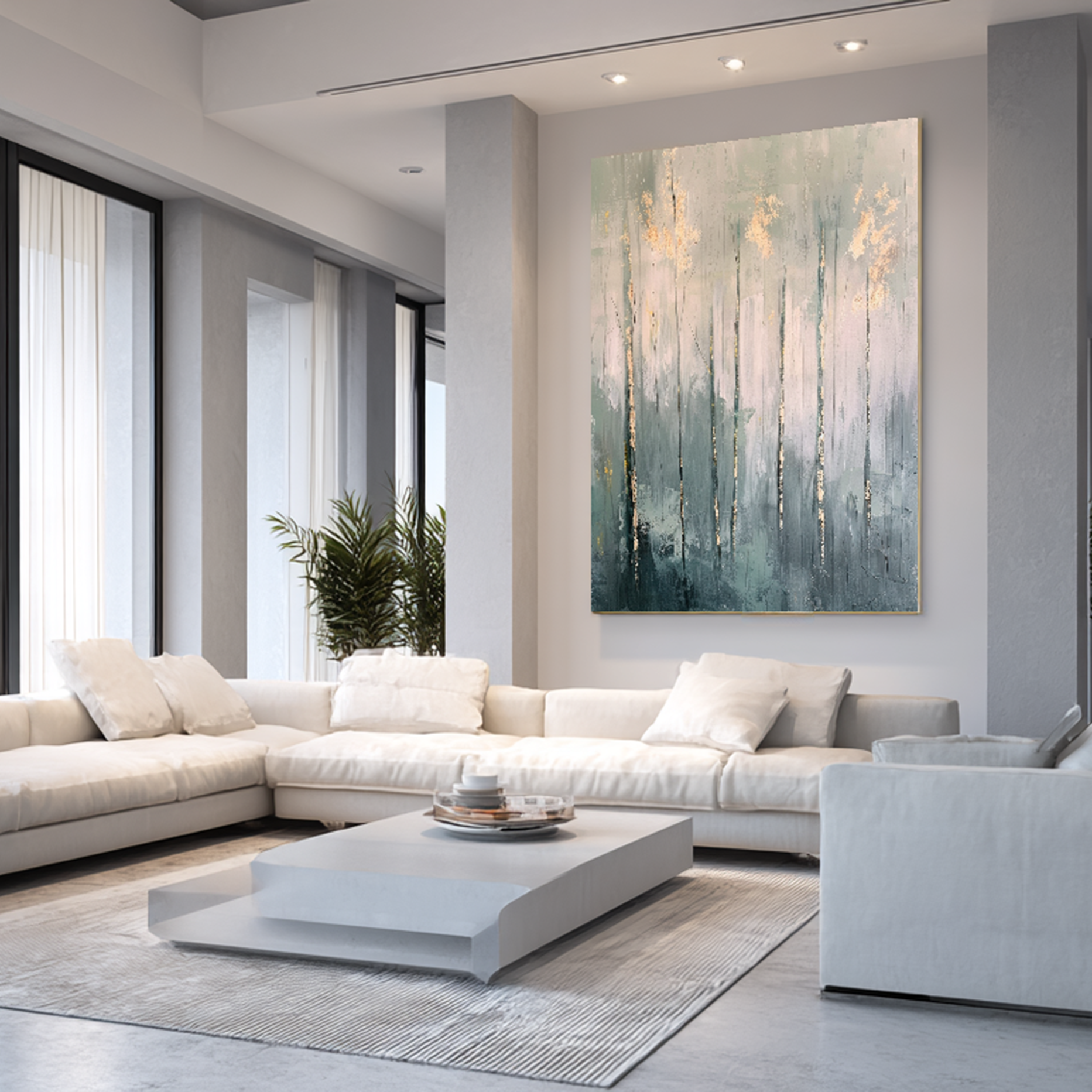 Misty Forest Trees with Gold Leaf Textured Oil Painting #FT212