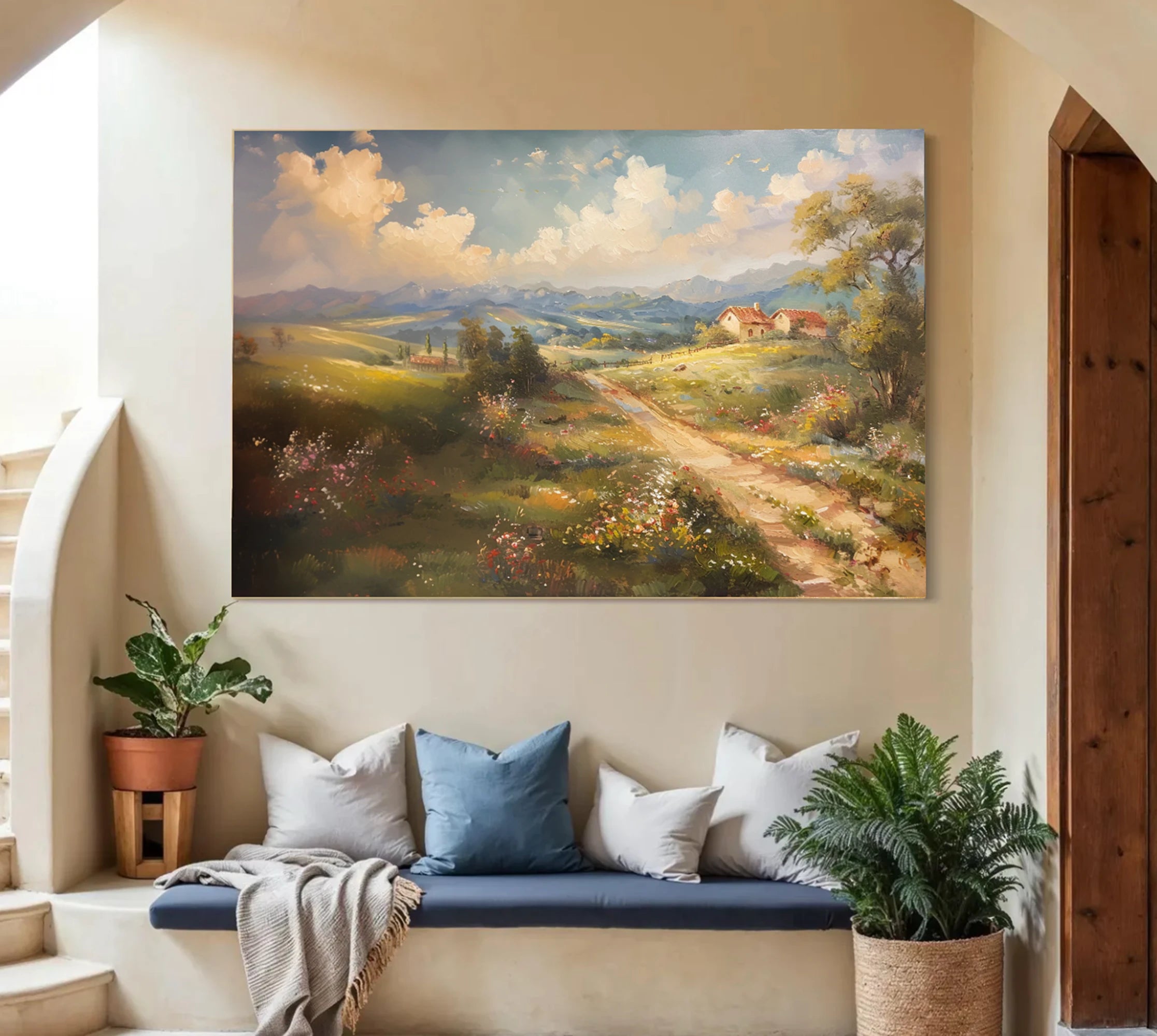 Vintage Tuscan Countryside Oil Painting, Soft Landscape Wall Art #FT597