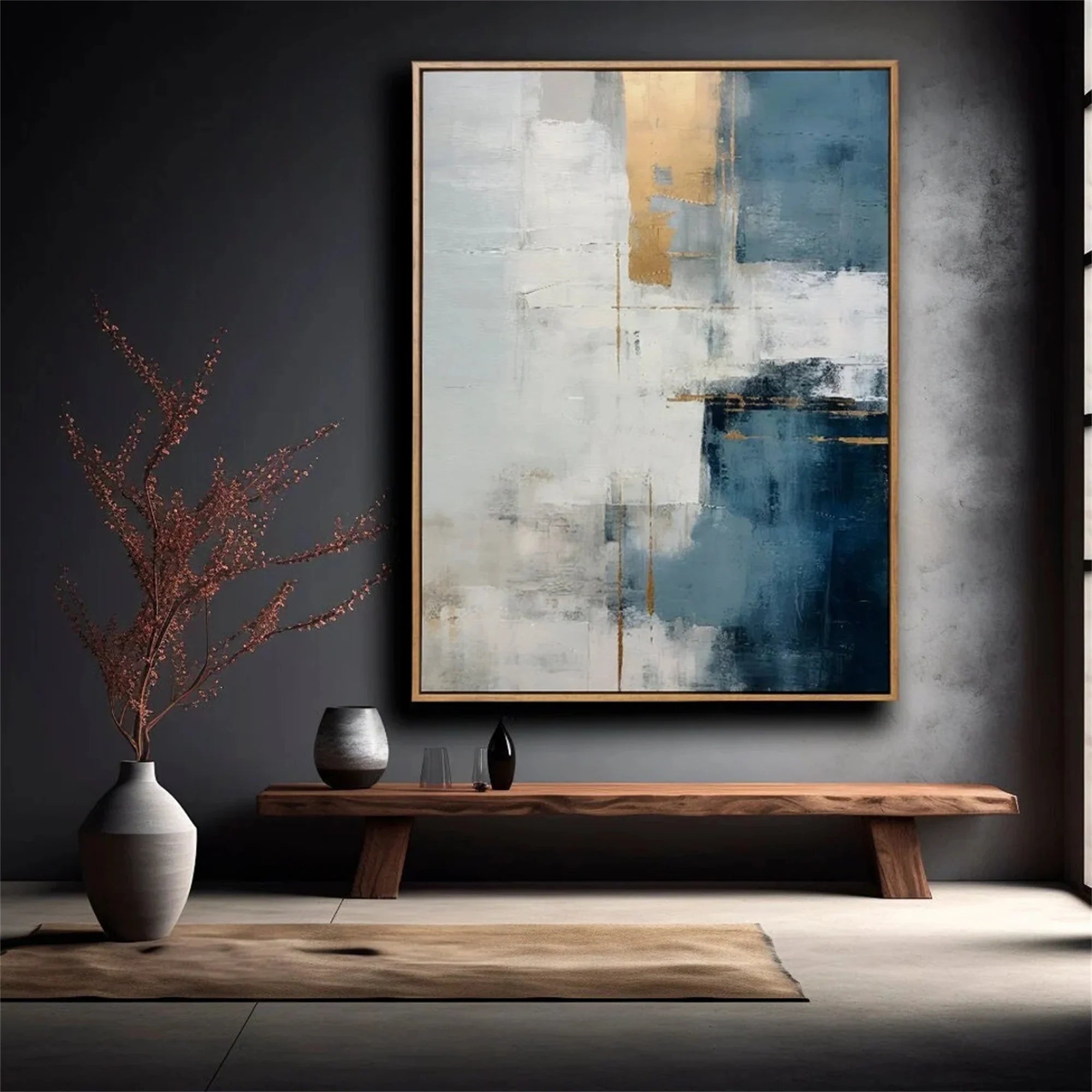 Minimalist Navy Blue and White Canvas Art for Living Room #MZ355