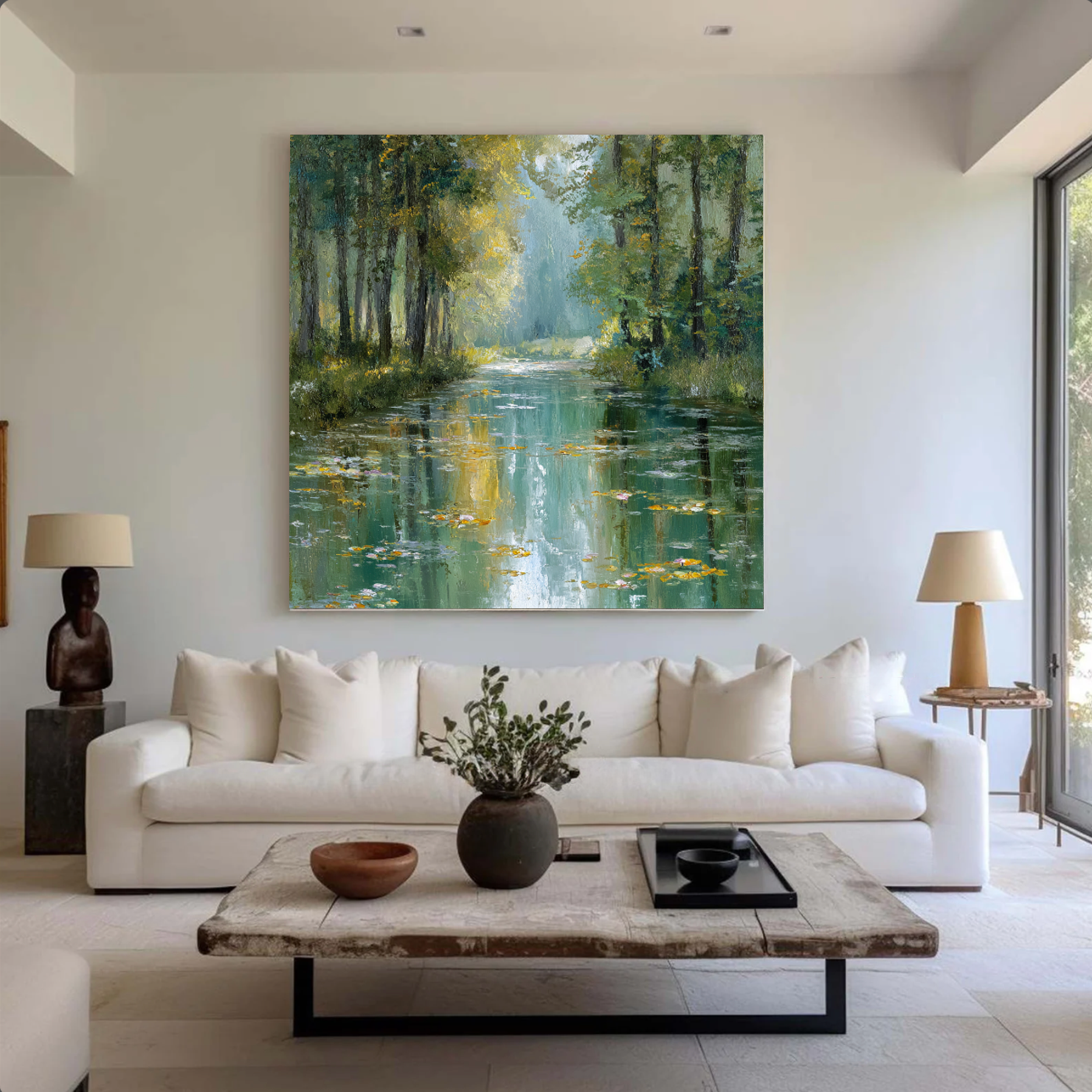 Sunlit Forest Stream Oil Painting with Water Lilies #FT328