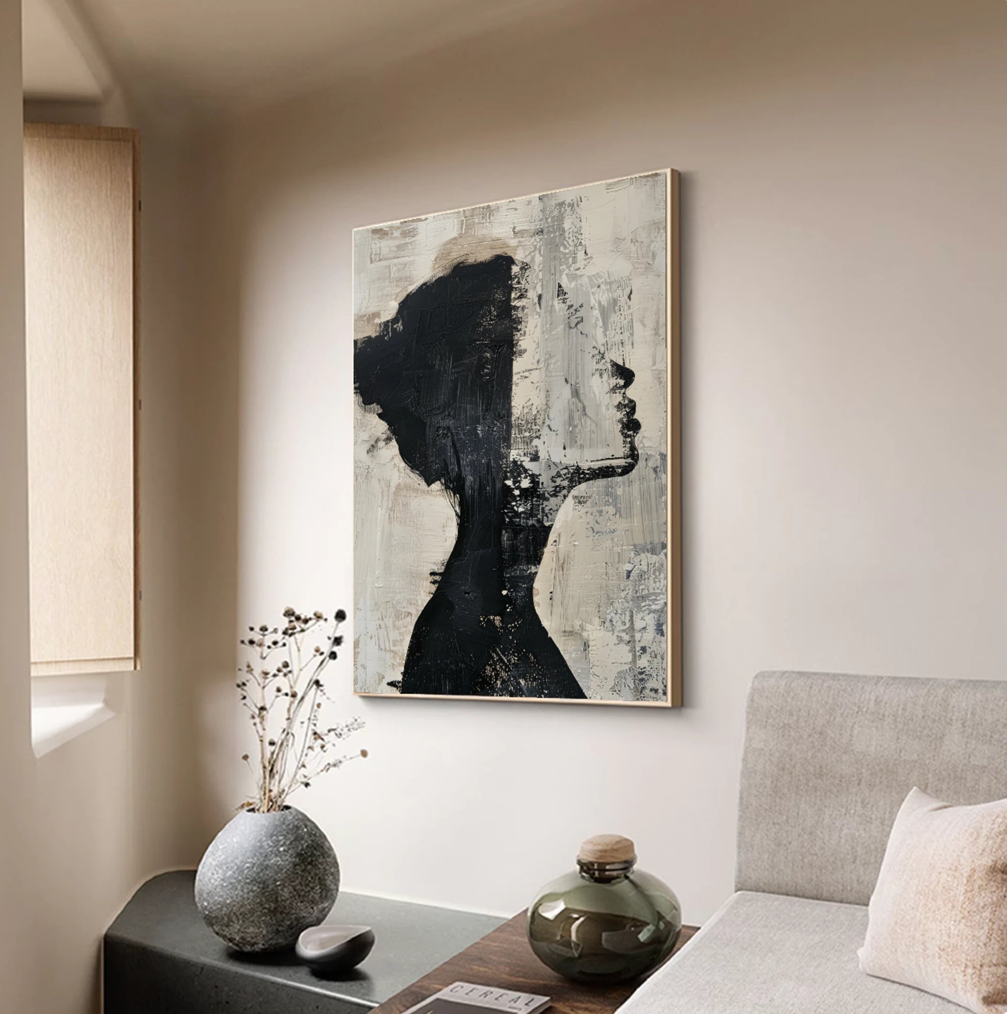 Abstract Black & Beige Silhouette Painting #WA520