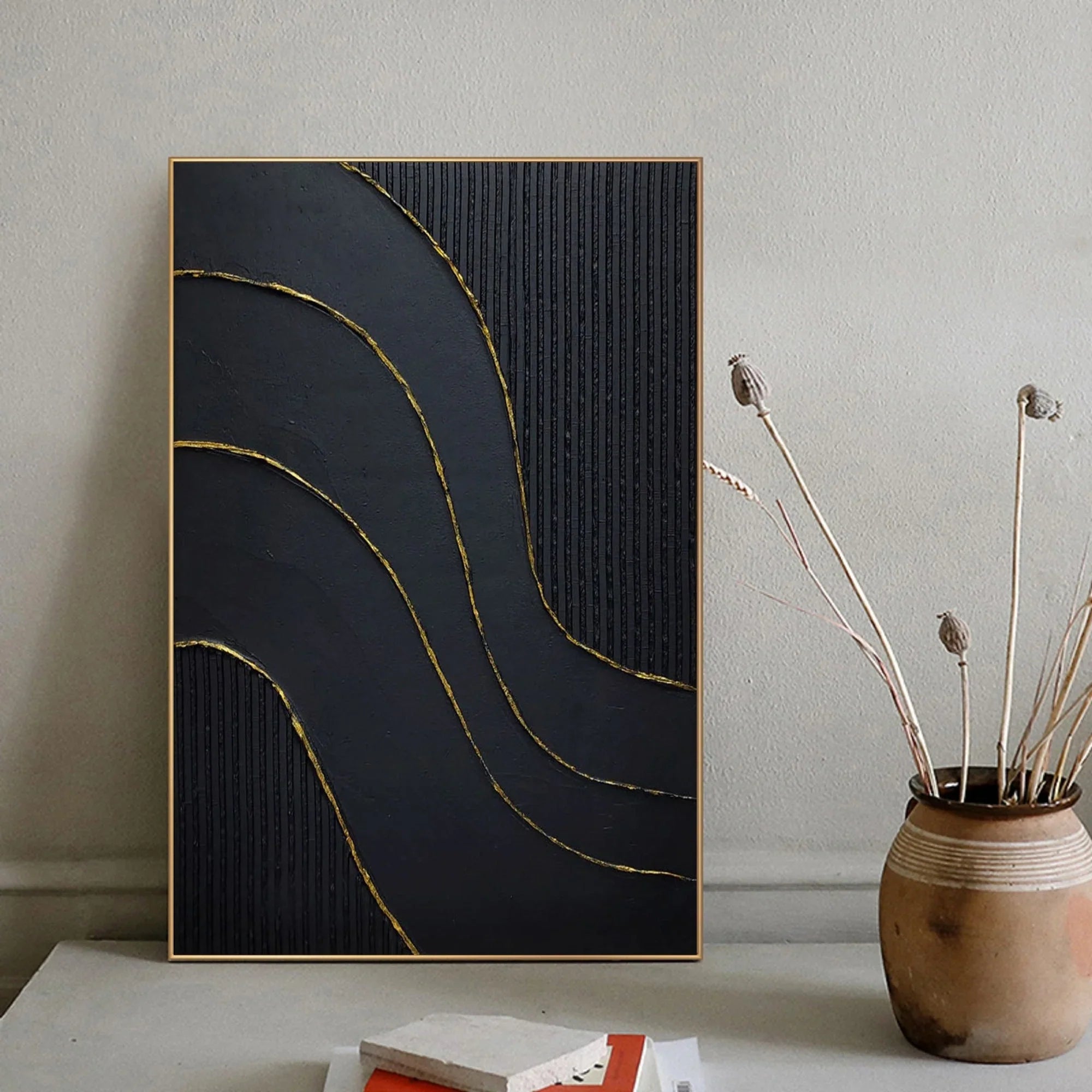 Large 3D Textured Abstract Minimalist Wall Art Black Modernism Painting Gold Foil Handcrafted Artwork Home Decor