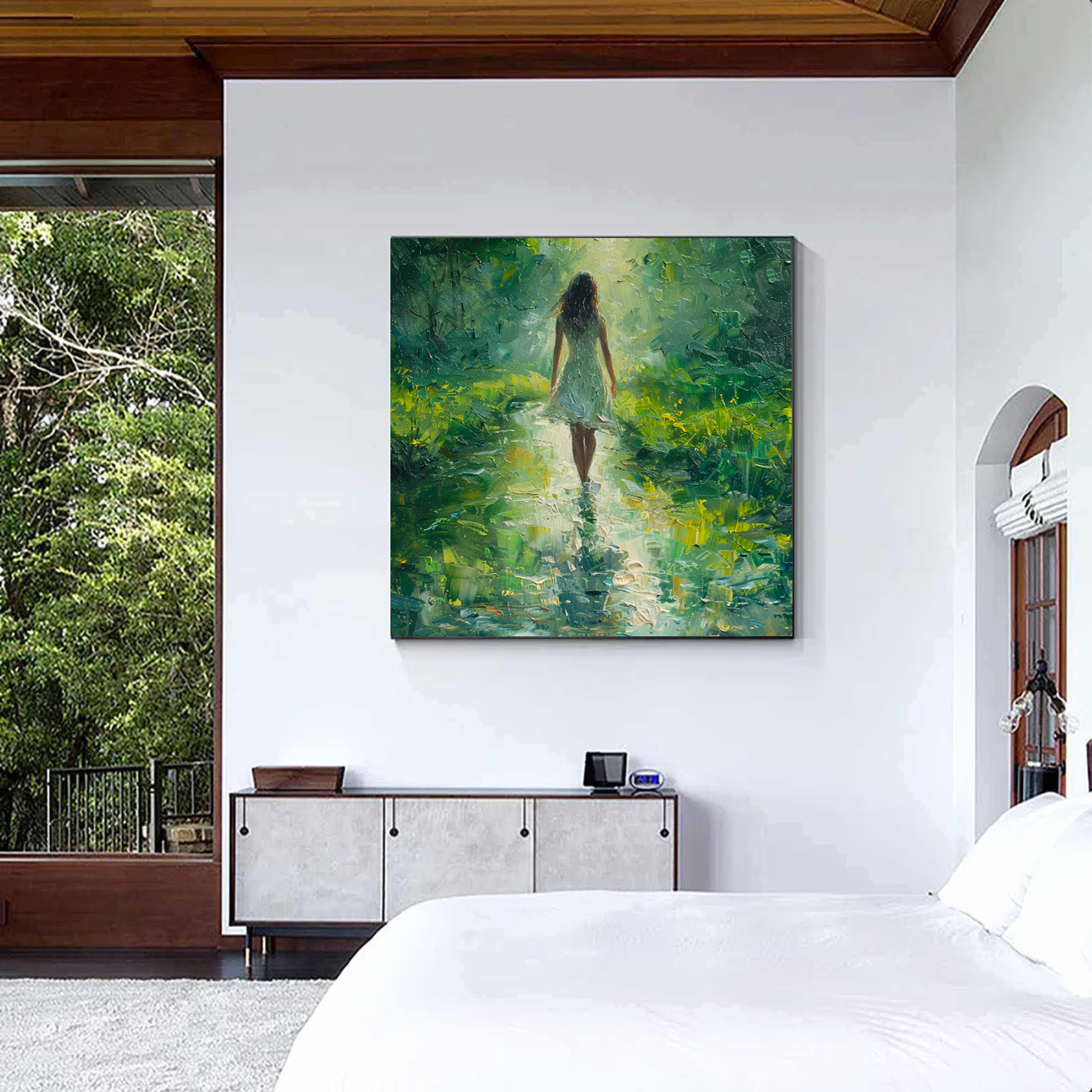 Impressionist Woman in Sunlit Forest Path Hand-Painted Oil Painting #FT346