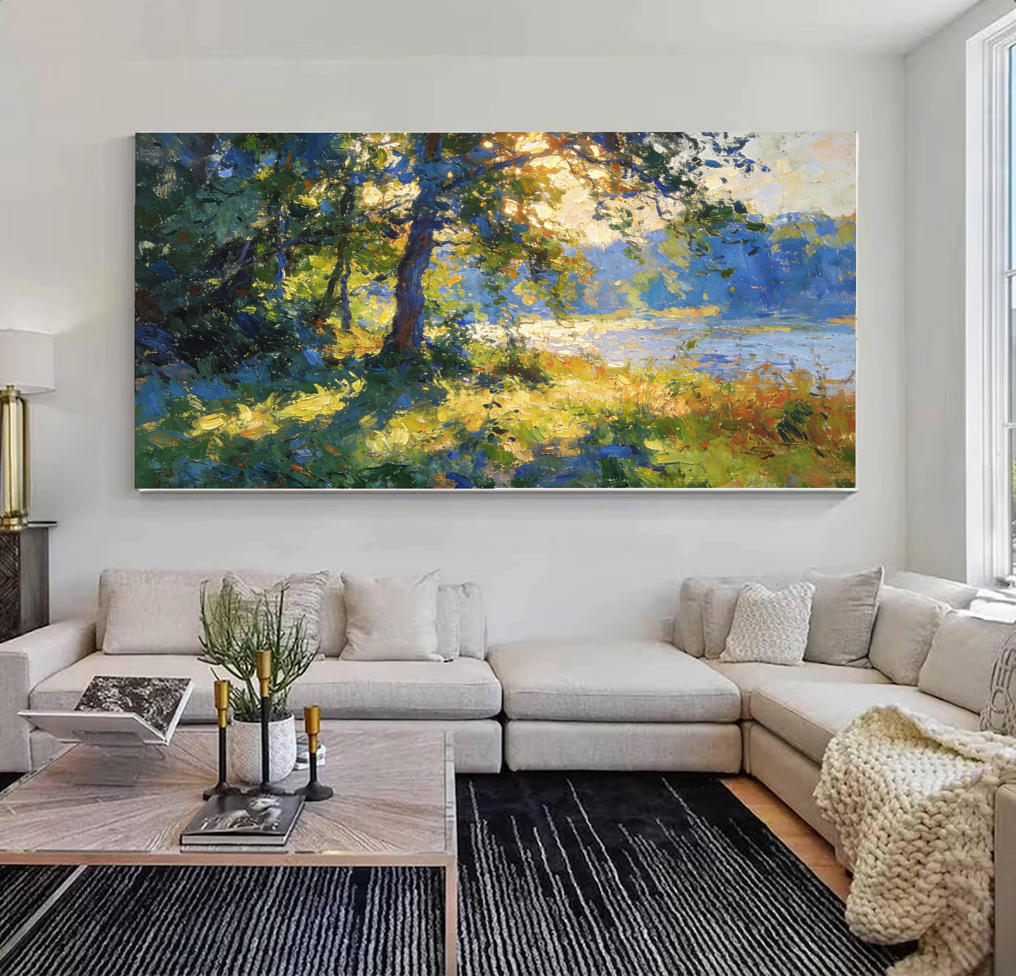 Sunlit Forest Lake Impressionist Oil Painting #FT595