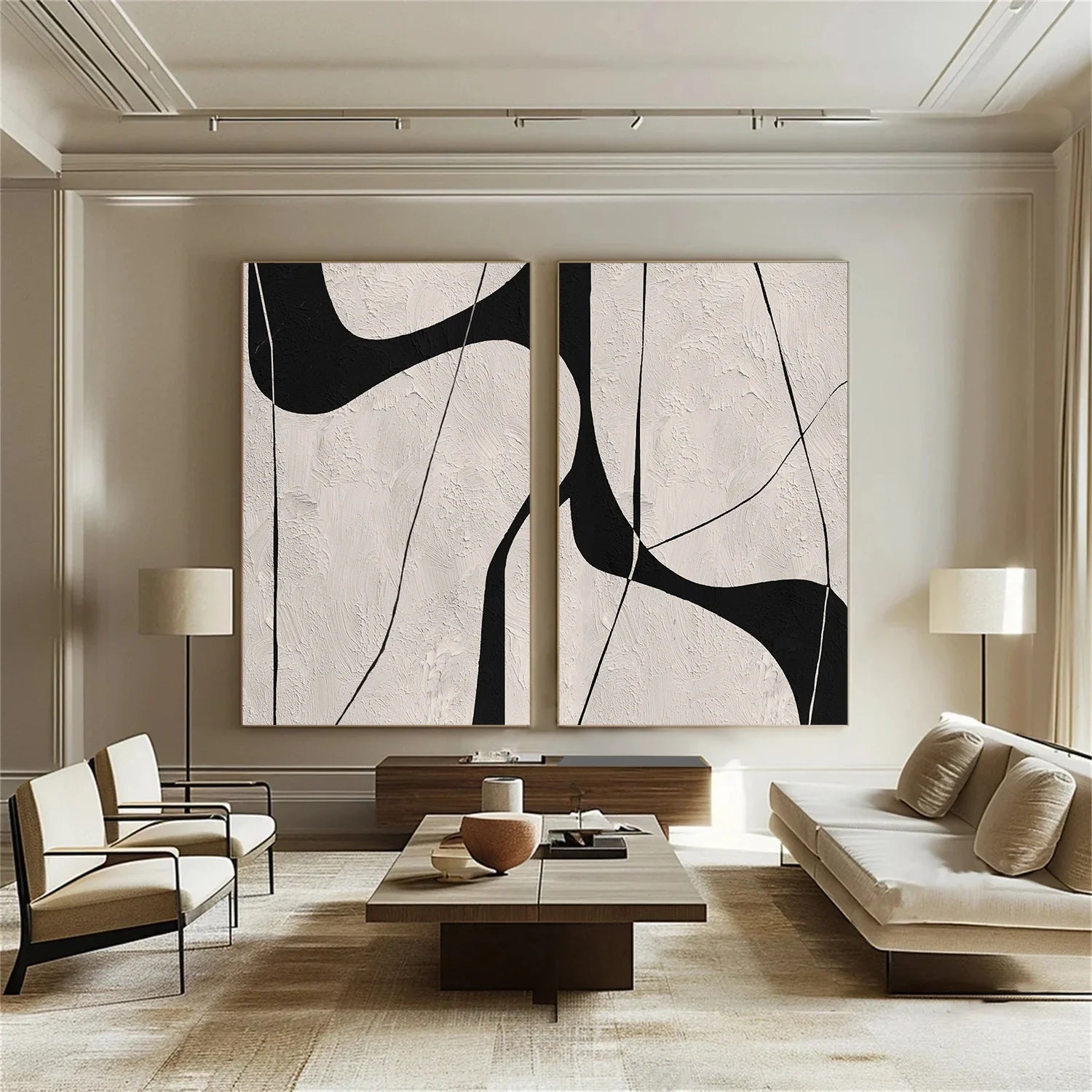 Beige & Black Abstract_Textured Canvas Art Set of 2 #WA781