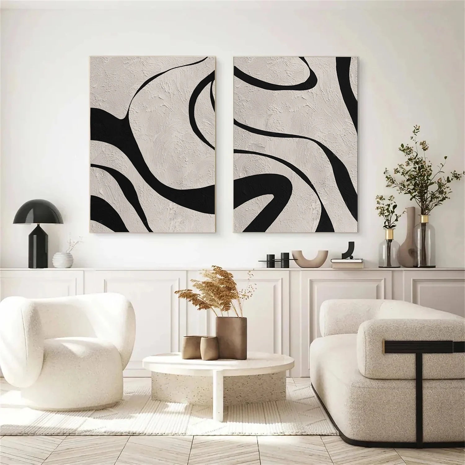 Beige & Black Abstract Textured Painting Set of 2 #WA463