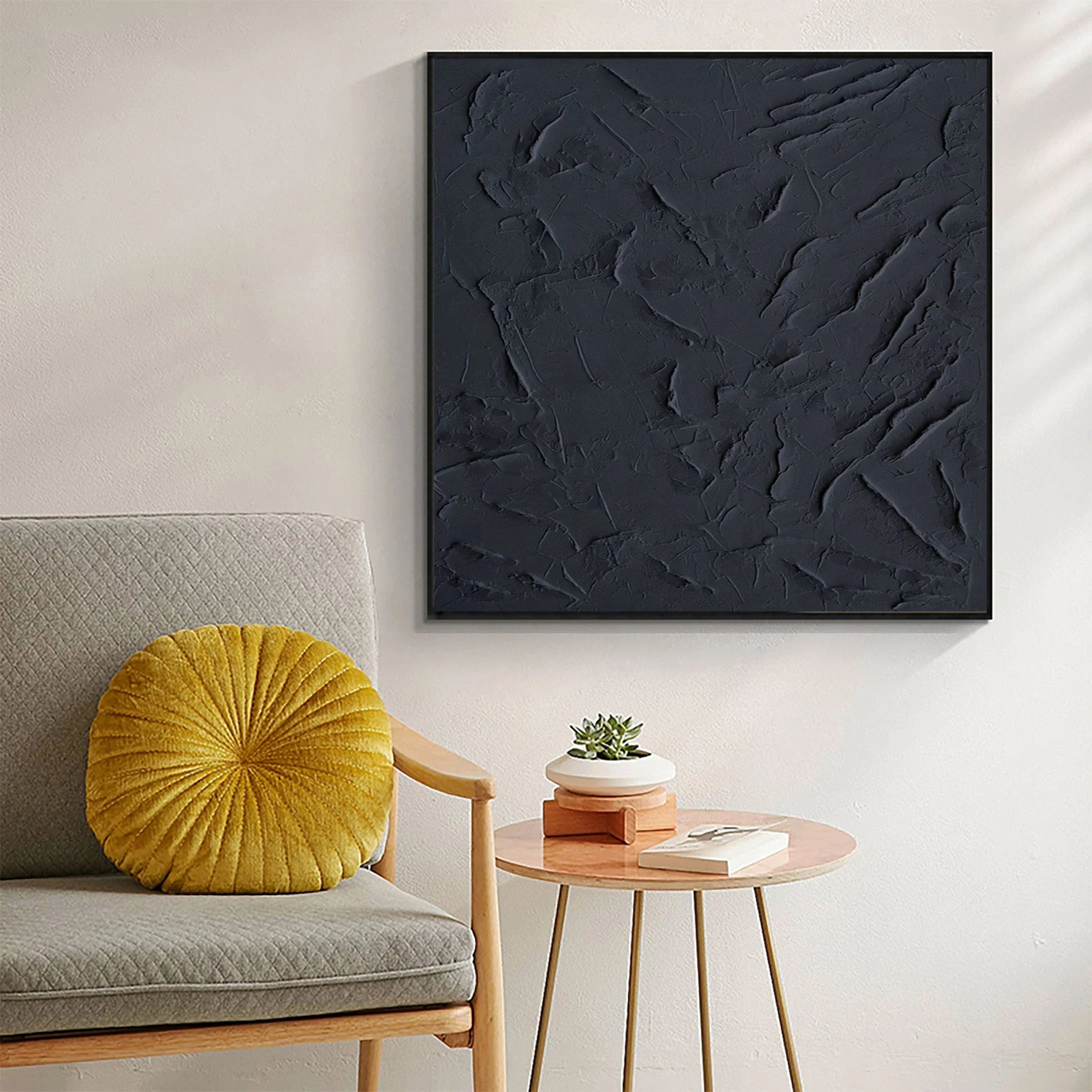 Black Textured Plaster Art Painting Minimalist Zen Wall Decor for Room