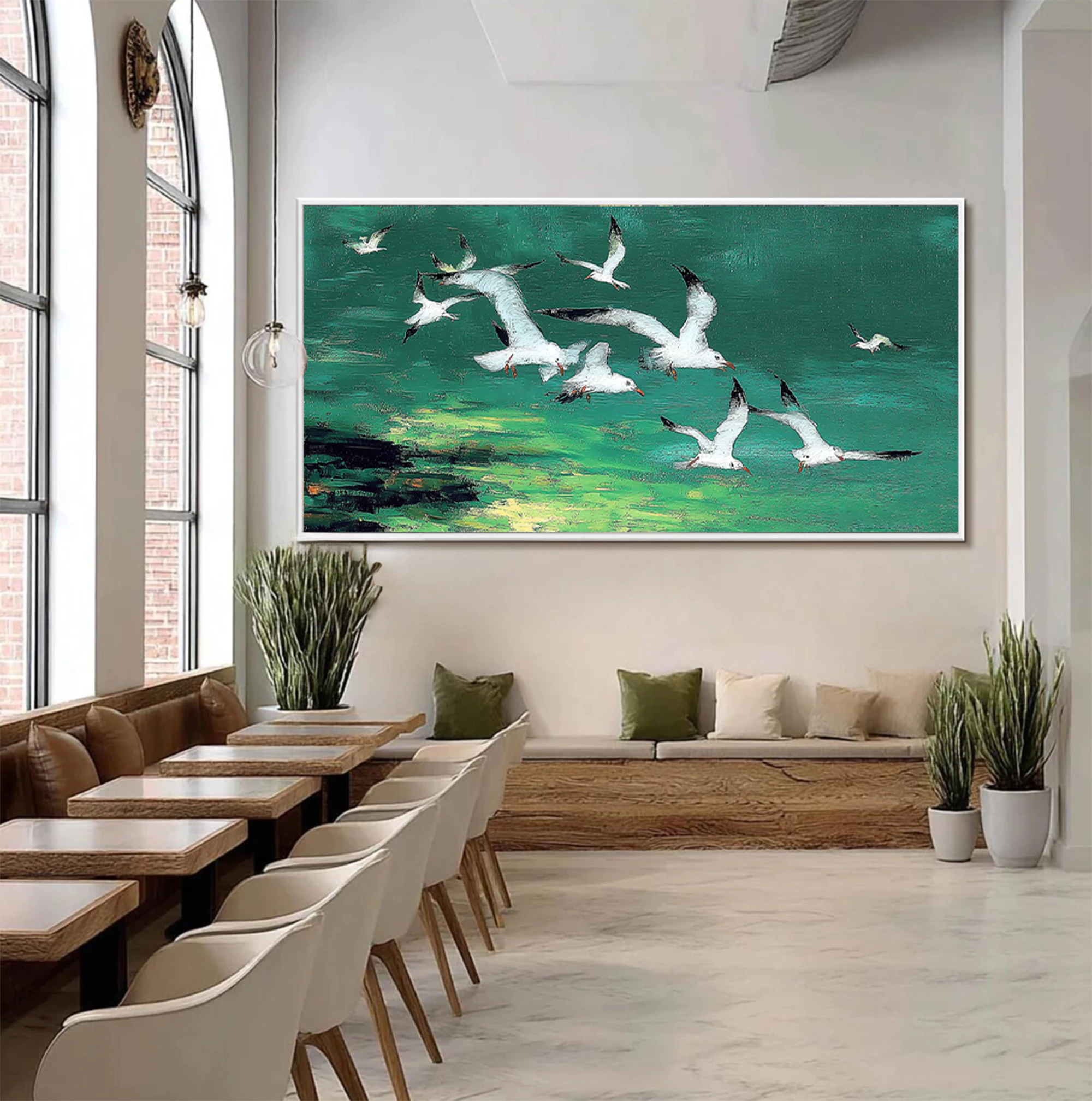 Flock of White Gulls Flying Green Landscape Oil Painting #AM126