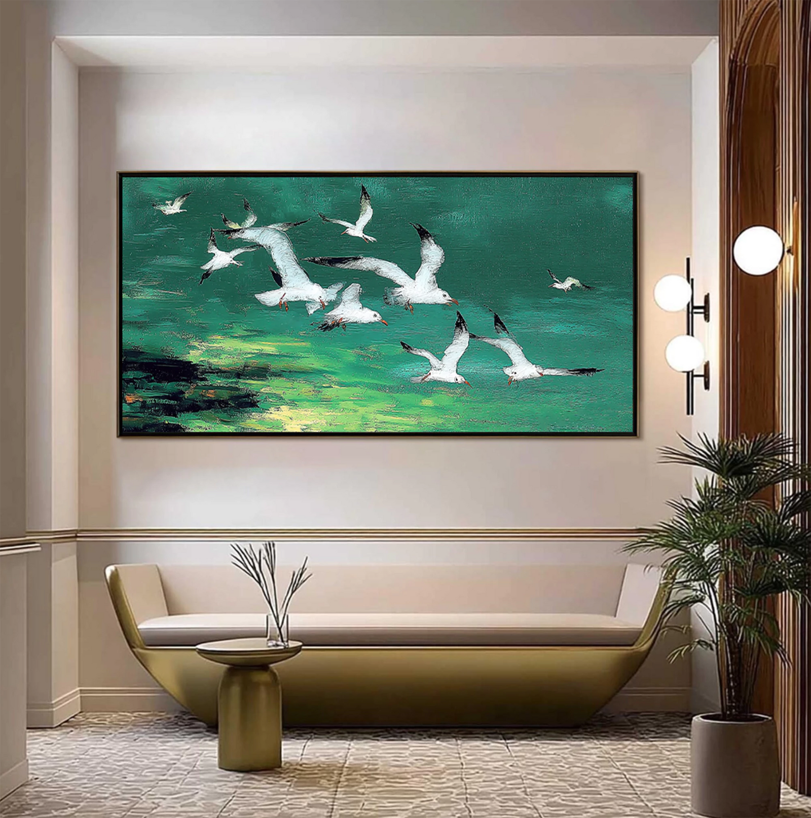 Flock of White Gulls Flying Green Landscape Oil Painting #AM126