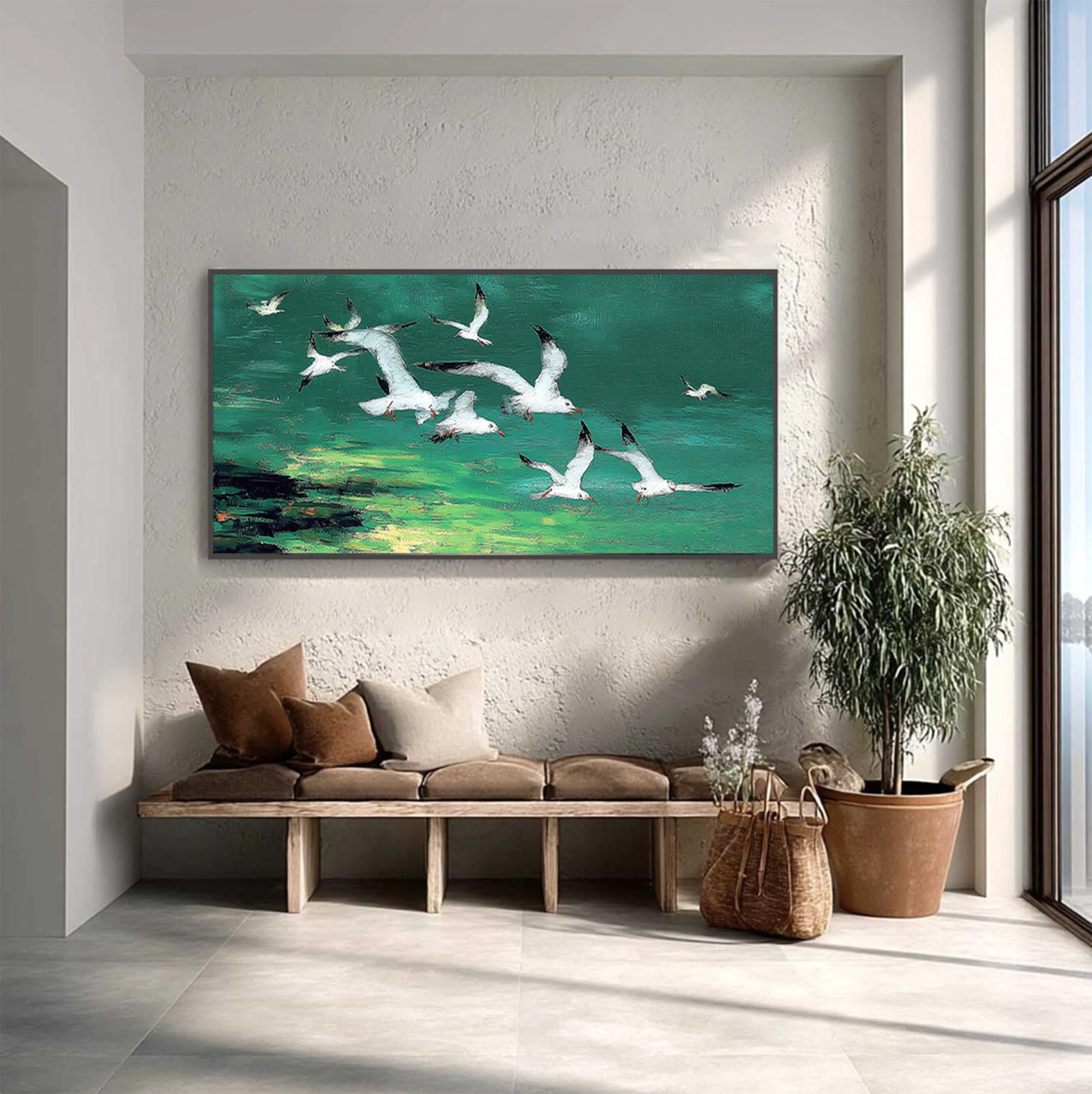 Flock of White Gulls Flying Green Landscape Oil Painting #AM126