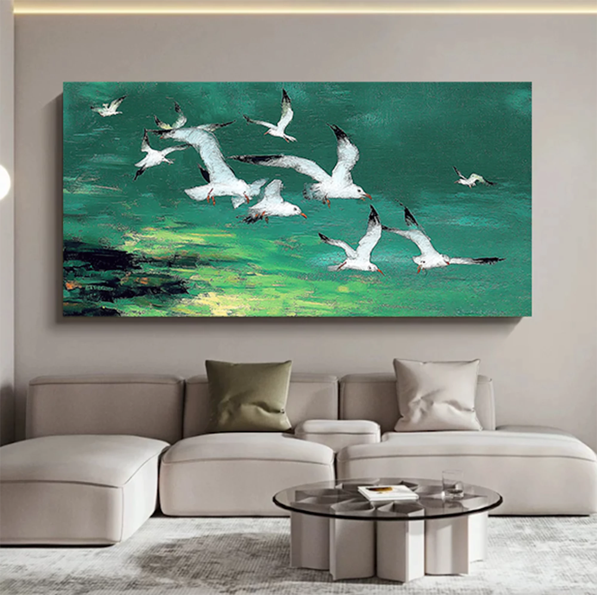 Flock of White Gulls Flying Green Landscape Oil Painting #AM126