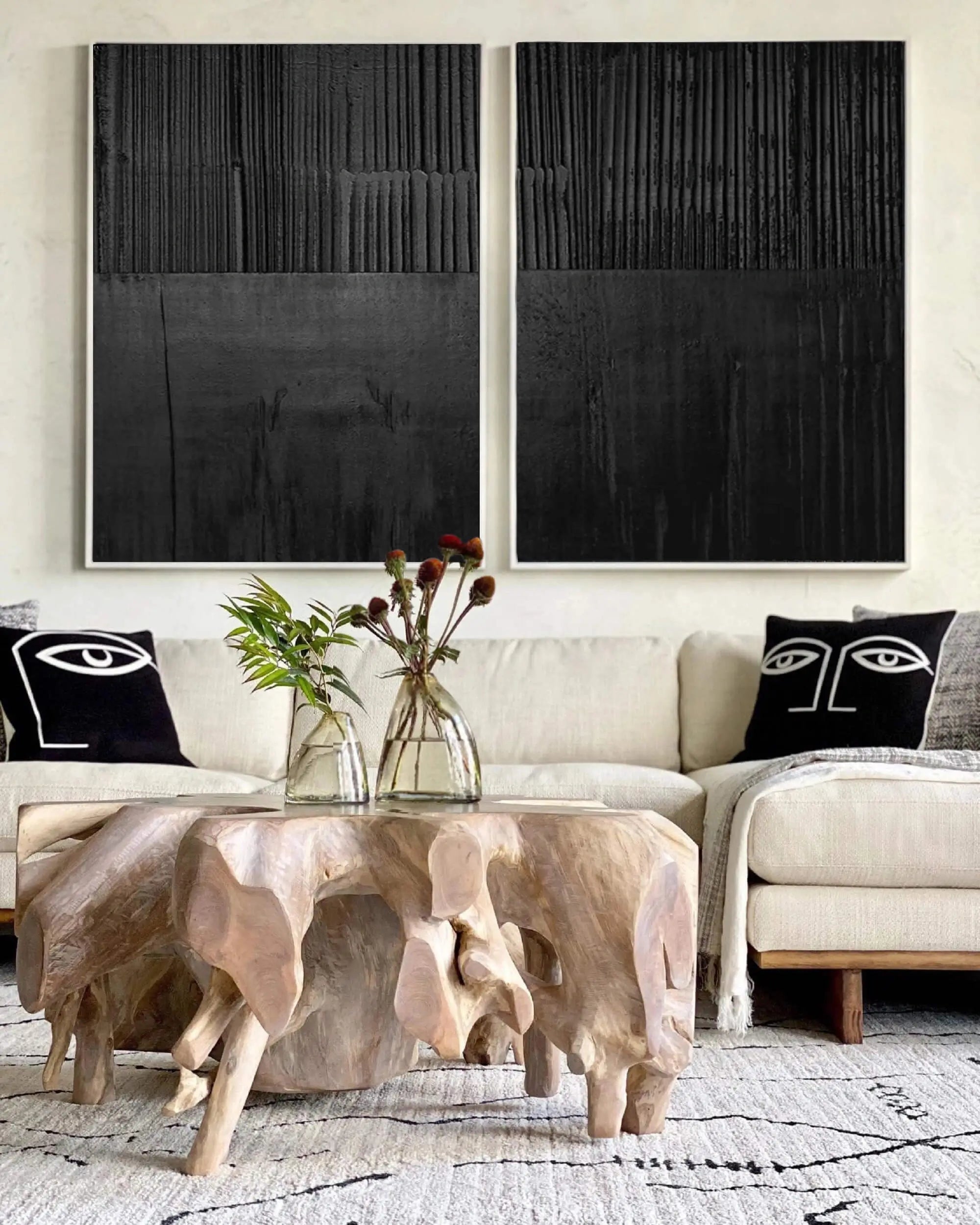 Set of 2 Minimalist Black Textured Original Painting Wall Decor