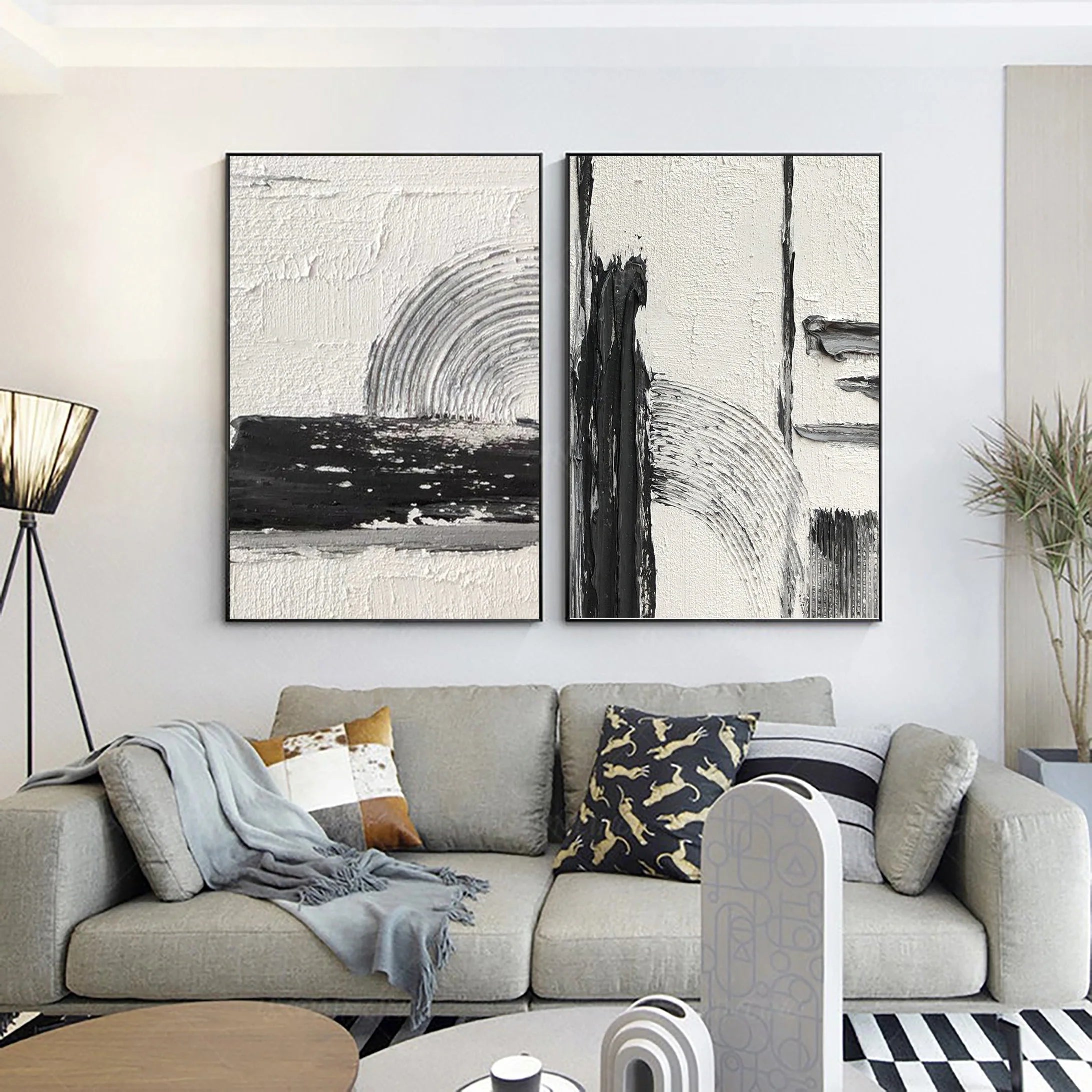 Set of 2 Plaster Black and Beige Minimalistic Painting for Room Decor