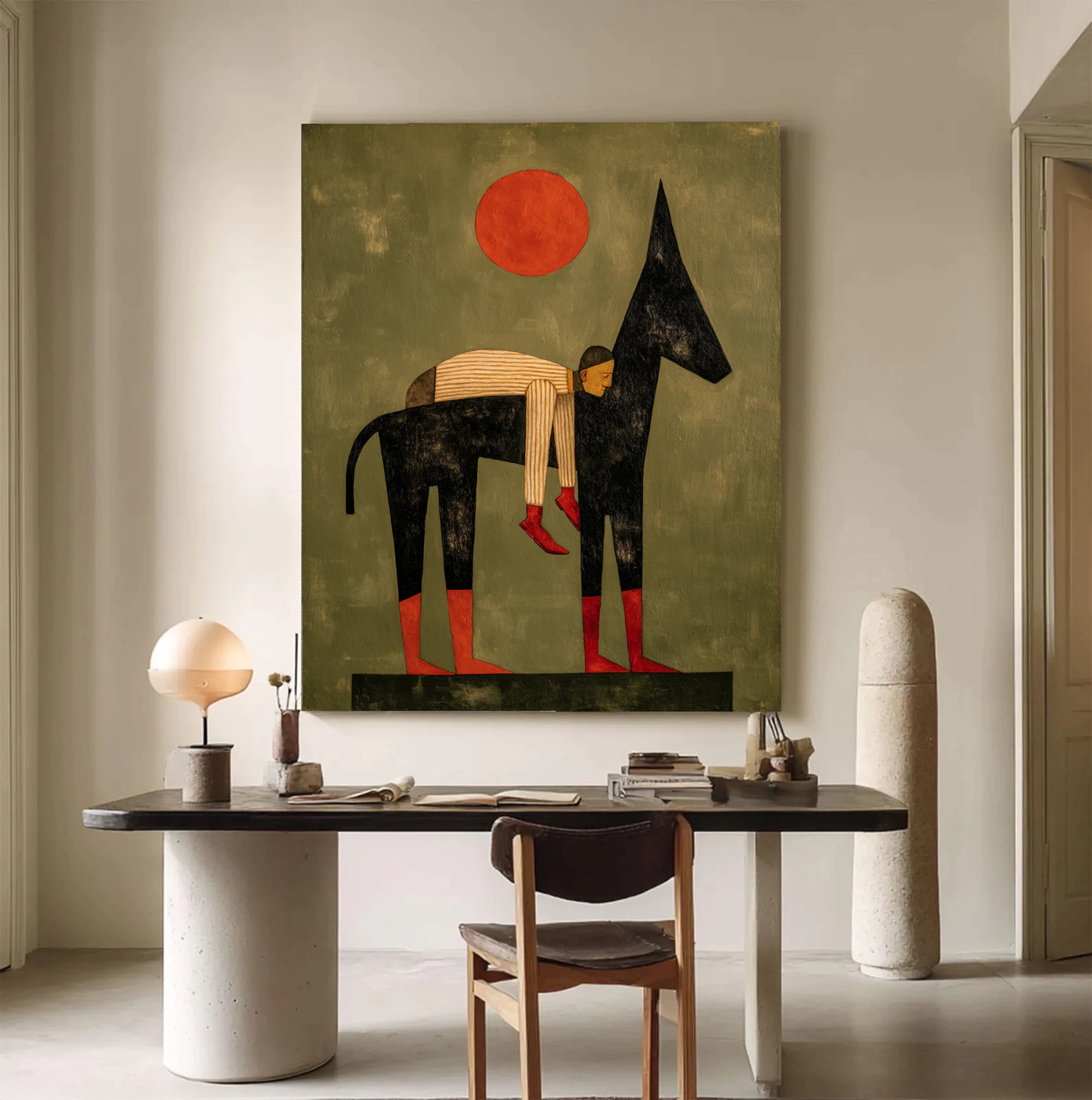 Abstract Man & Donkey Oil Painting, Earthy Tone Wall Art #WA535