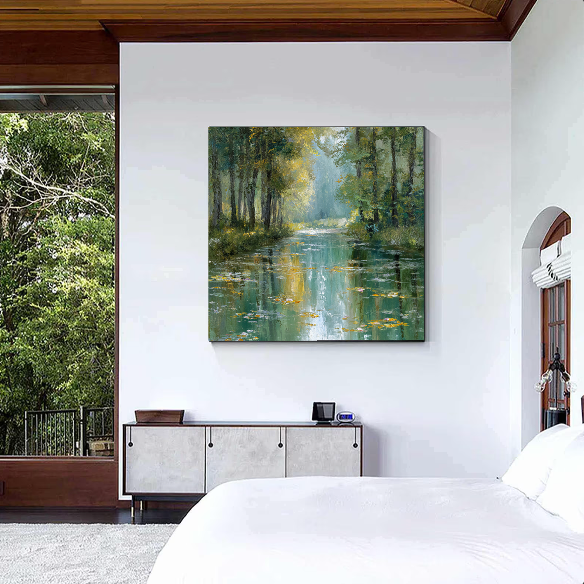 Sunlit Forest Stream Oil Painting with Water Lilies #FT328