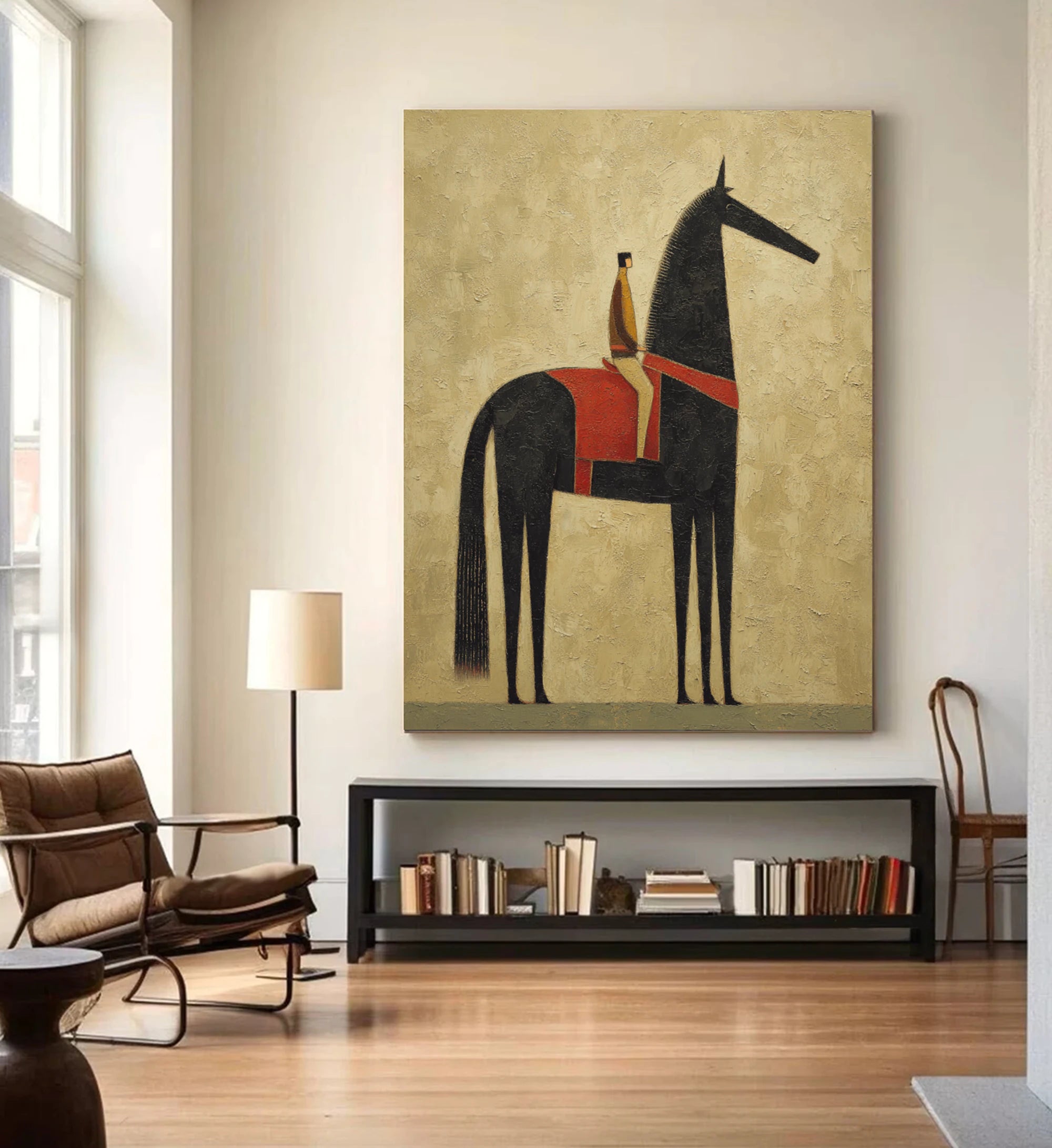 Original Abstract Horse & Rider Oil Painting, Neutral Beige Wall Art #WA526