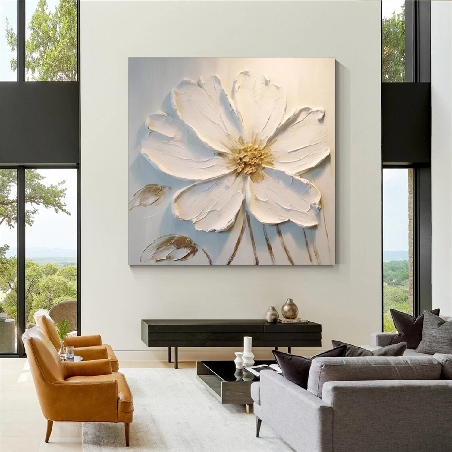 White Flower & Tree Abstract_Textured Wall Art #FT136