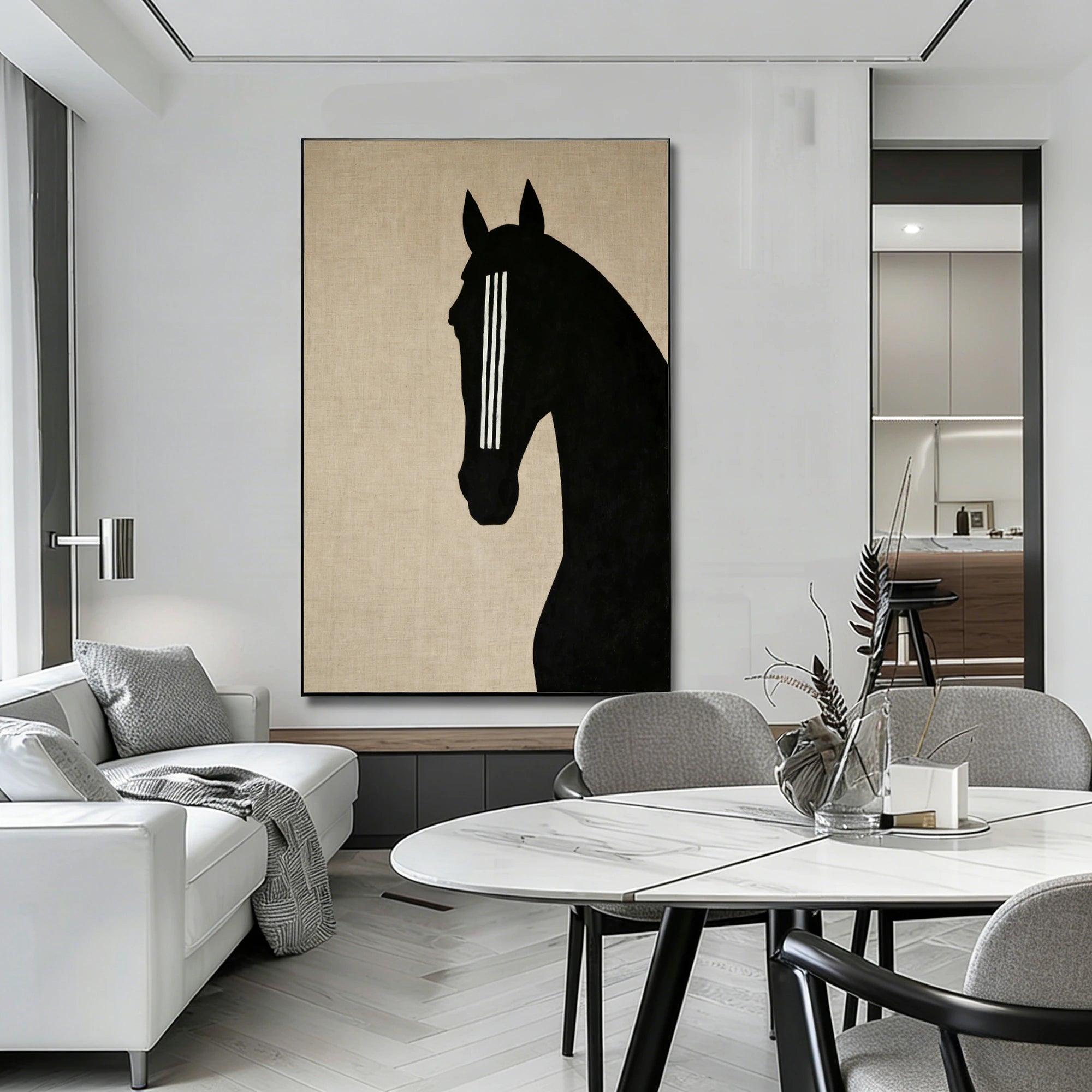 Minimalist Horse Head Hand-Painted Oil Painting | Wabi-Sabi Linen Texture Wall Art #WA511