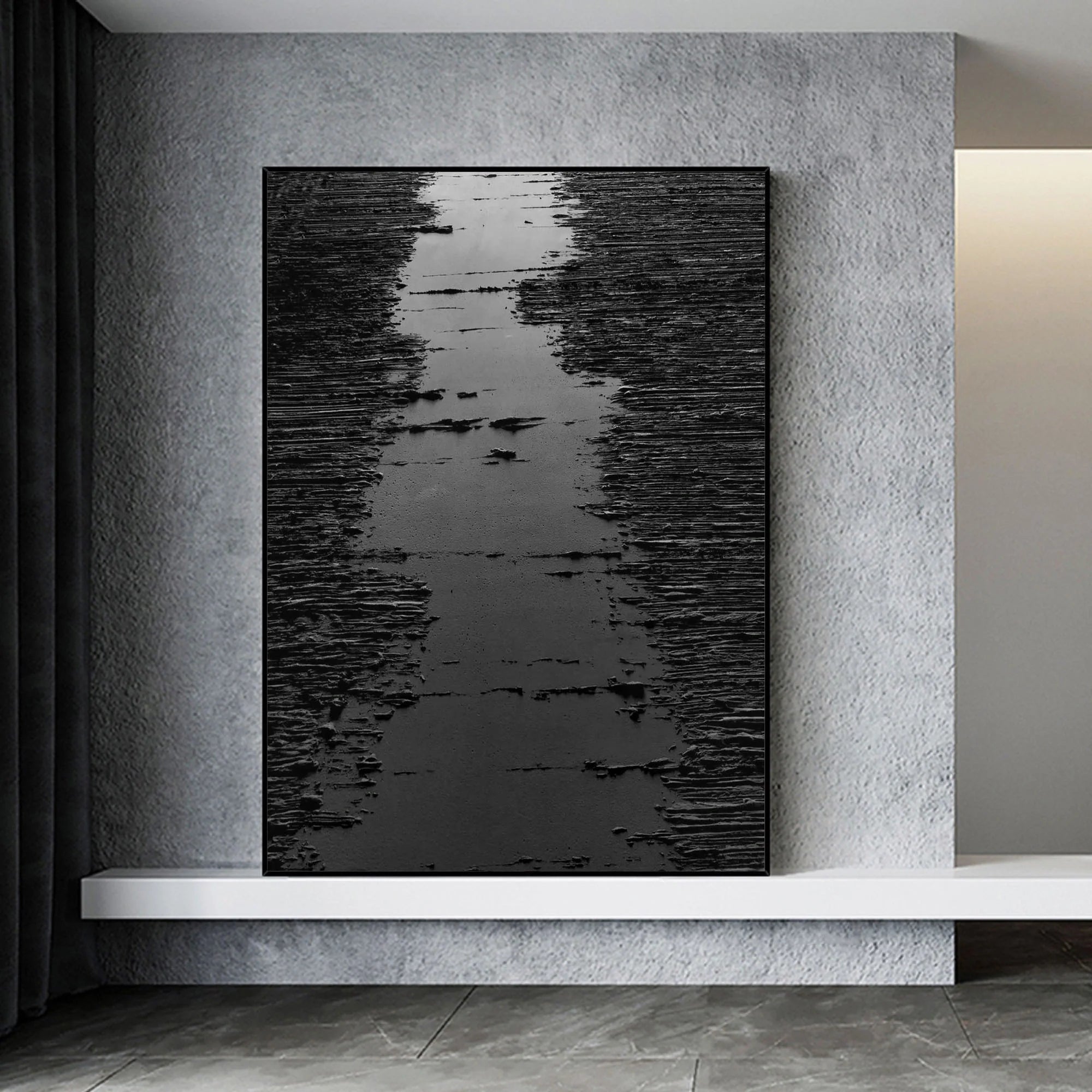 Black 3D Textured Minimalist River Canvas Wall Artwork Decor for Room